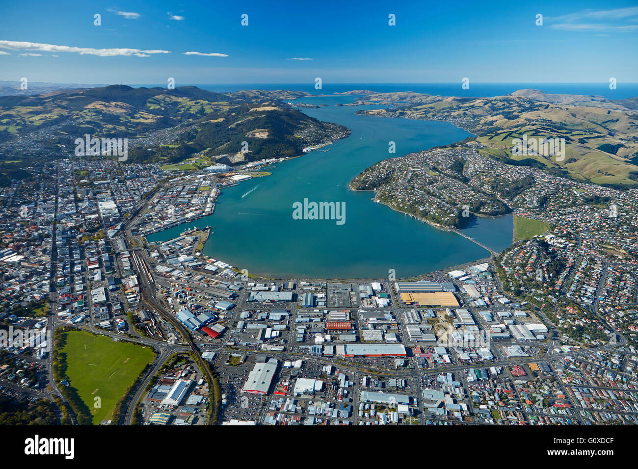 Dunedin and Otago Harbour, Otago, South Island, New Zealand aerial Stock Photo Alamy