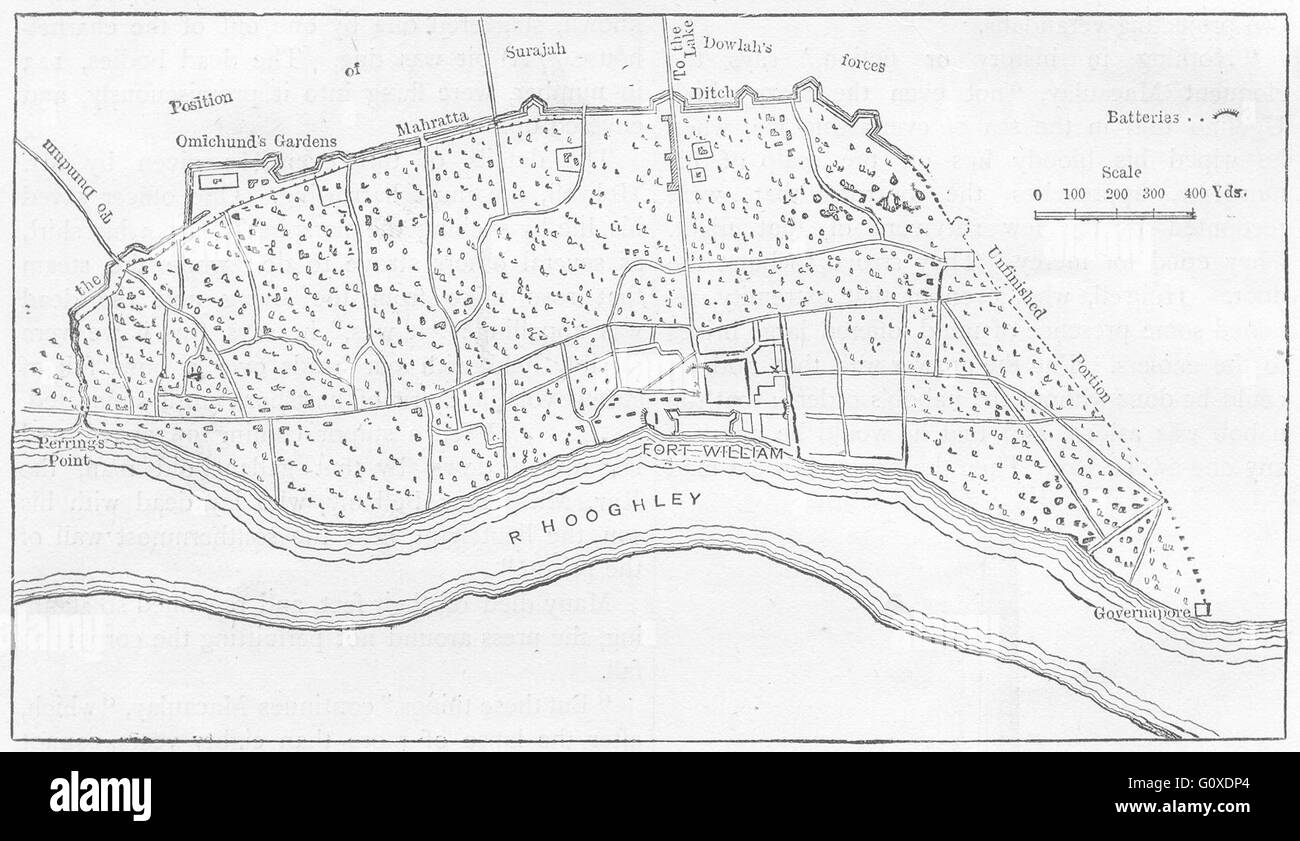 INDIA: Territory of Calcutta(Kolkata) attacked Surajah Dowlah 1756, c1880 map Stock Photo