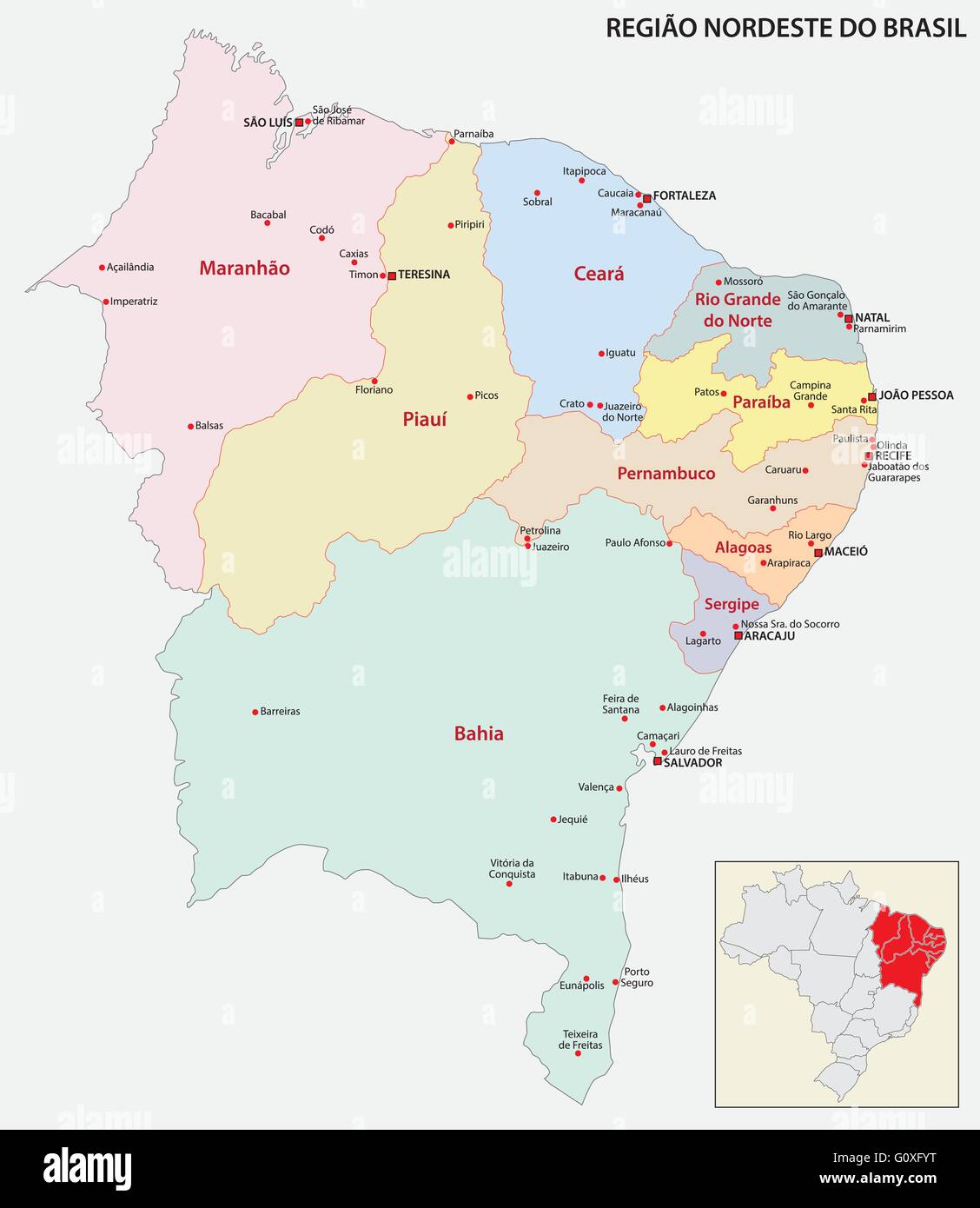 brazil northeast region map Stock Vector