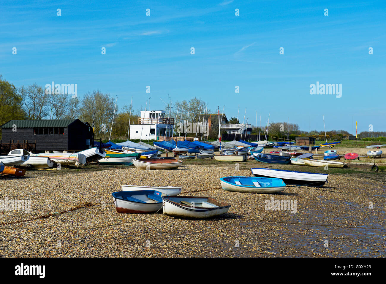 Boats on the beach at Orford, Suffolk, England UK Stock Photo
