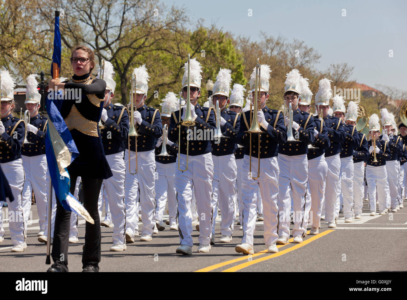 High school marching band trombone players at 2016 National Cherry Blossom Festival parade - Washington, DC USA Stock Photo
