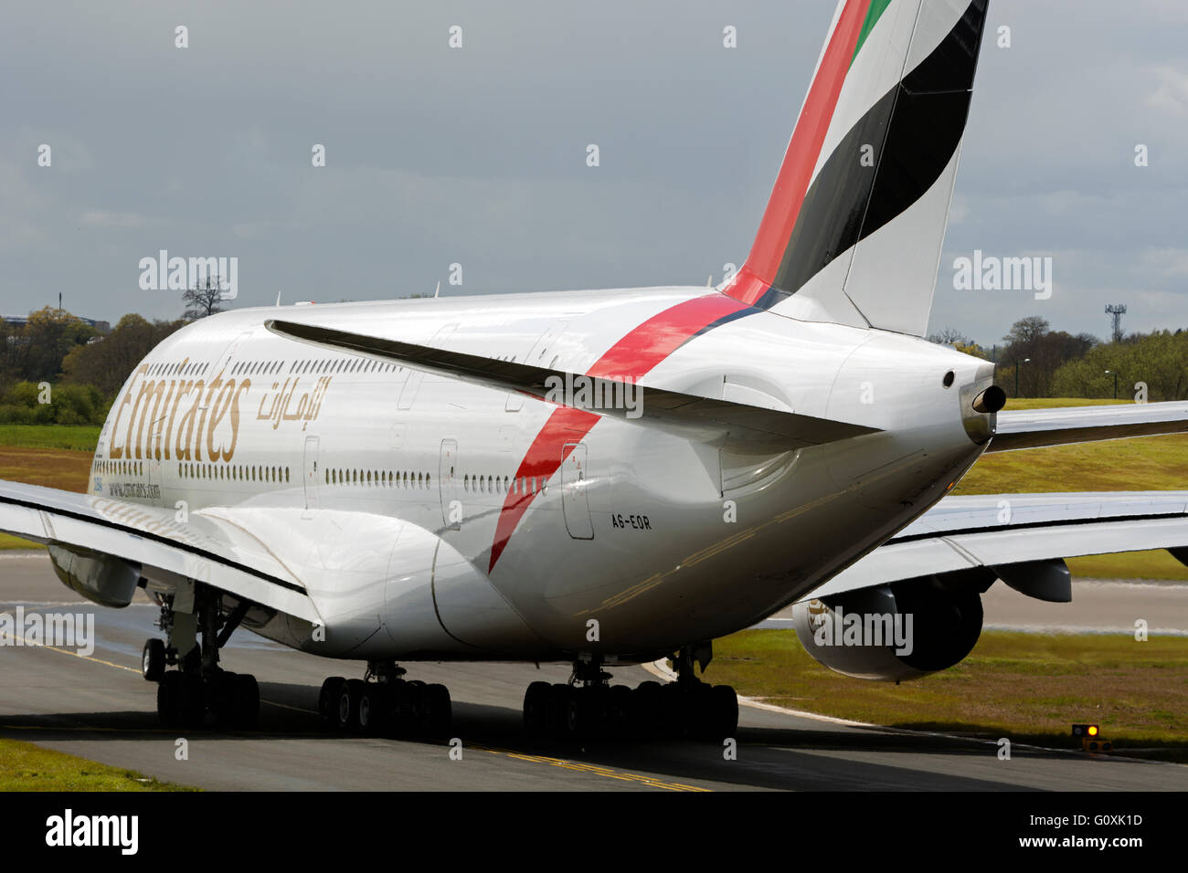 Emirates Airbus A380 taxiing at Birmingham Airport, UK Stock Photo