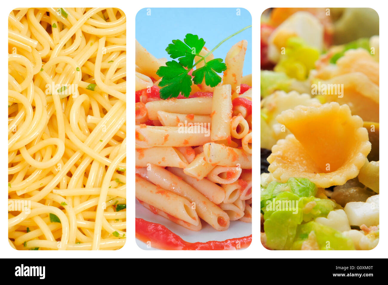 a collage of three pictures of different pasta dishes Stock Photo