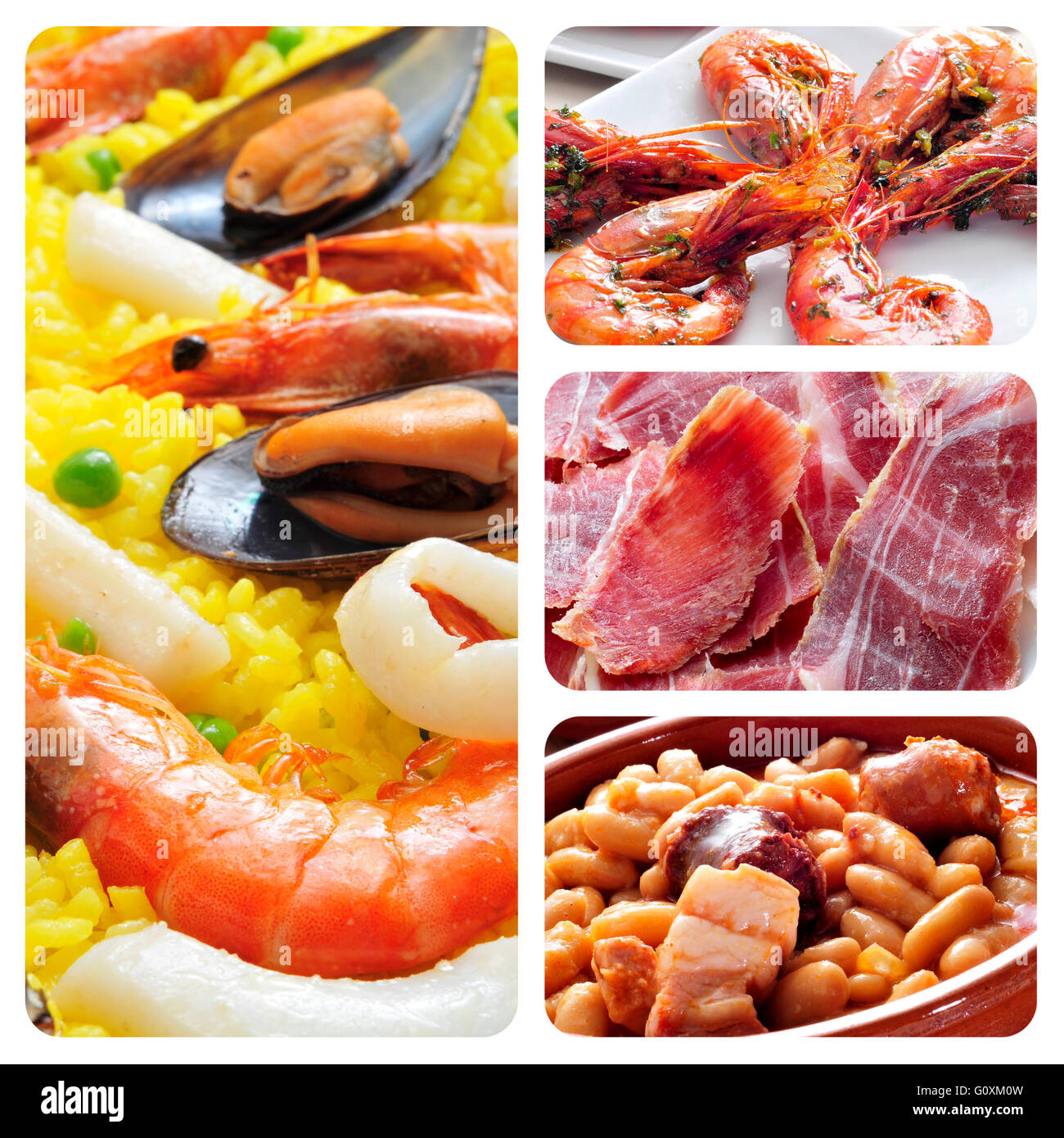 a collage of four pictures of different spanish tapas and dishes, such as paella, jamon or fabada Stock Photo