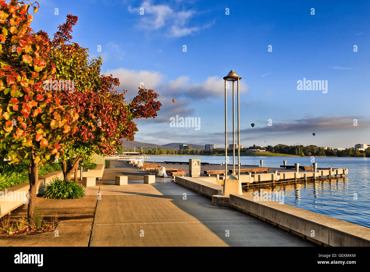 Waterfront boardwalk along autumn foliate trees in red and yellow colours on a warm sunny mornings in Canberra city centre Stock Photo