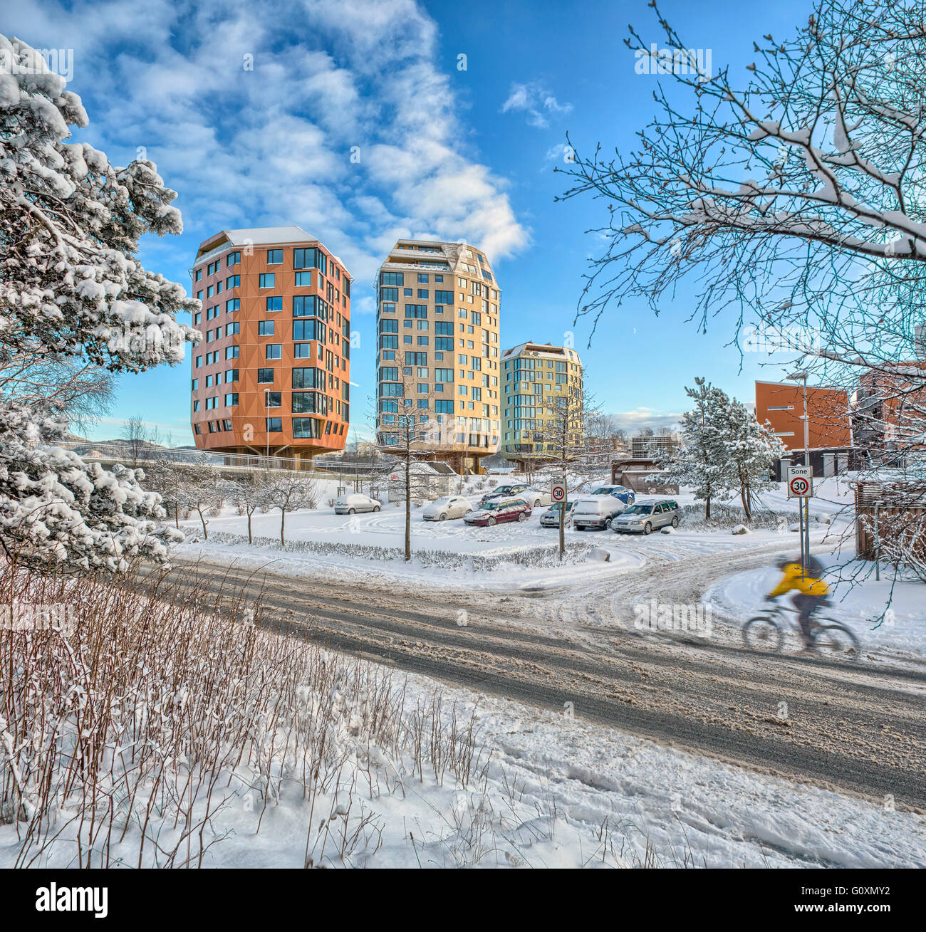 Residential high-rise buildings, accommodation with modern and irregular sized and shaped windows. Modern architecture. Tre Taarn. Sandnes, Norway Stock Photo