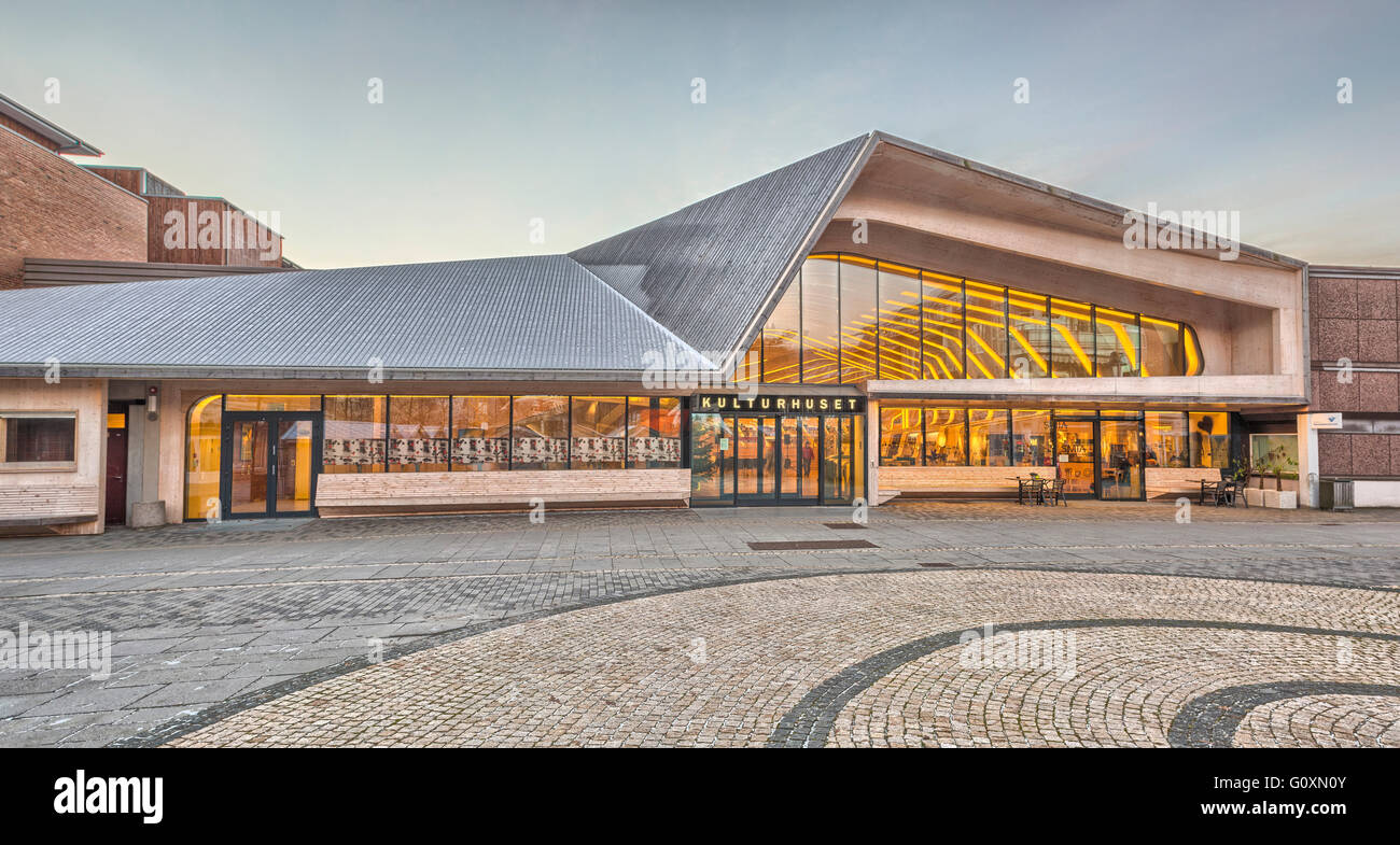 The large communal public building, the Vennesla Library, a library, cafe⌐, meeting place and administrative space in the town square. Stock Photo