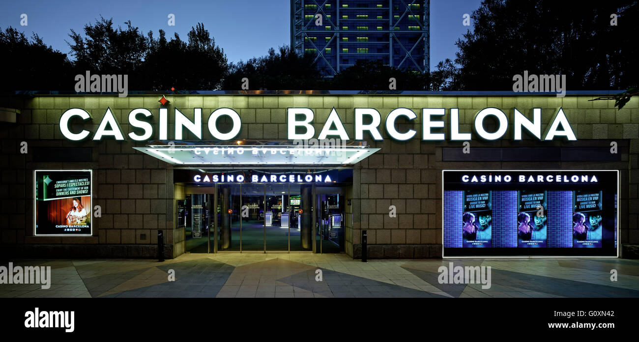 Casino Barcelona, the exterior of a gambling club, and a neon sign. Stock Photo