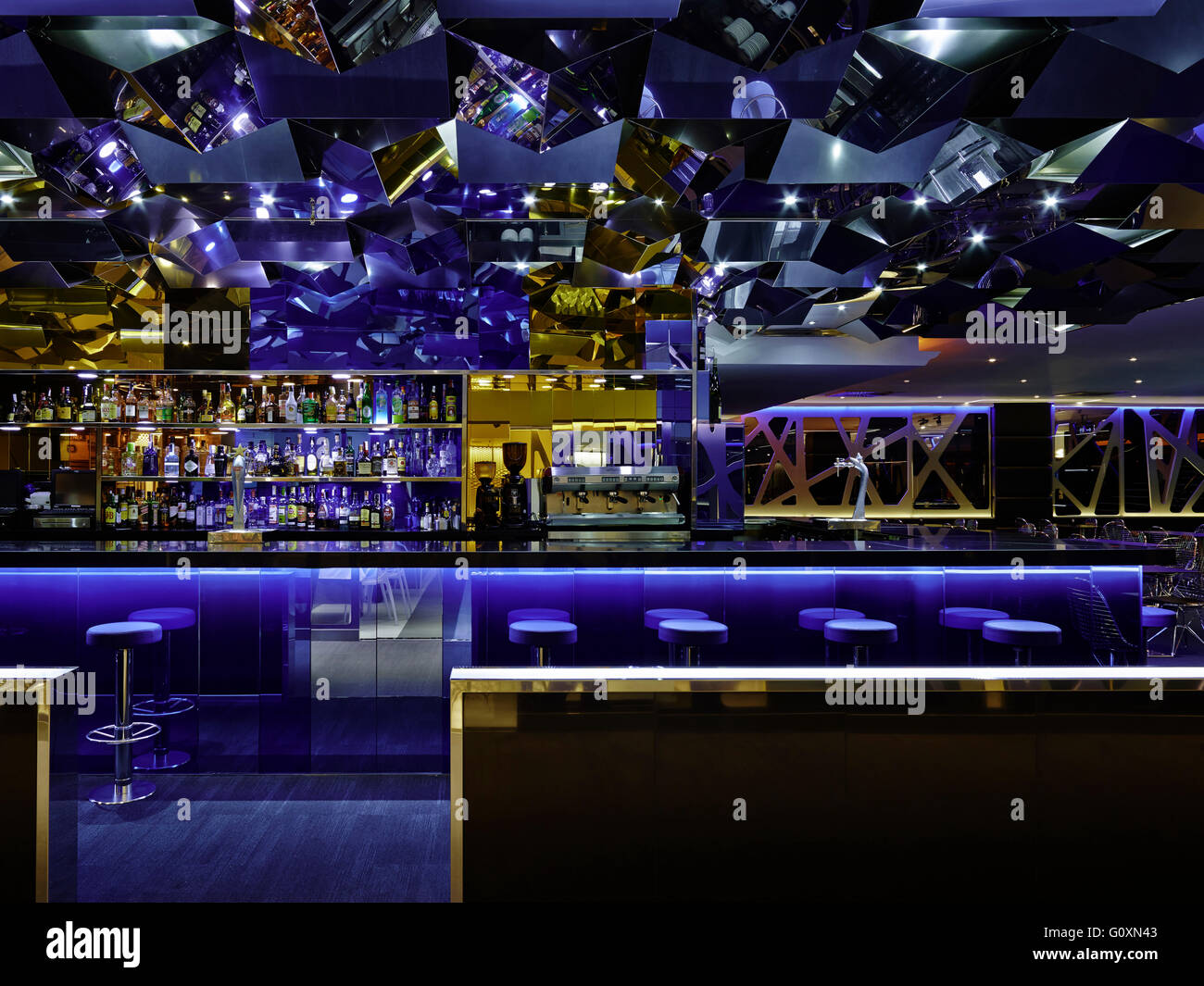 Casino Barcelona, the interior, shiny surfaces, light reflections. Tables and chairs. Stock Photo