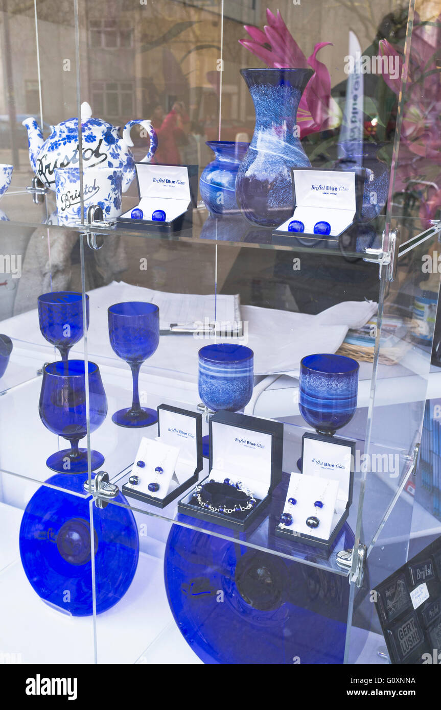 dh  SHOPS BRISTOL Bristol Blue Glass window shop display cobalt blue glassware collection Stock Photo