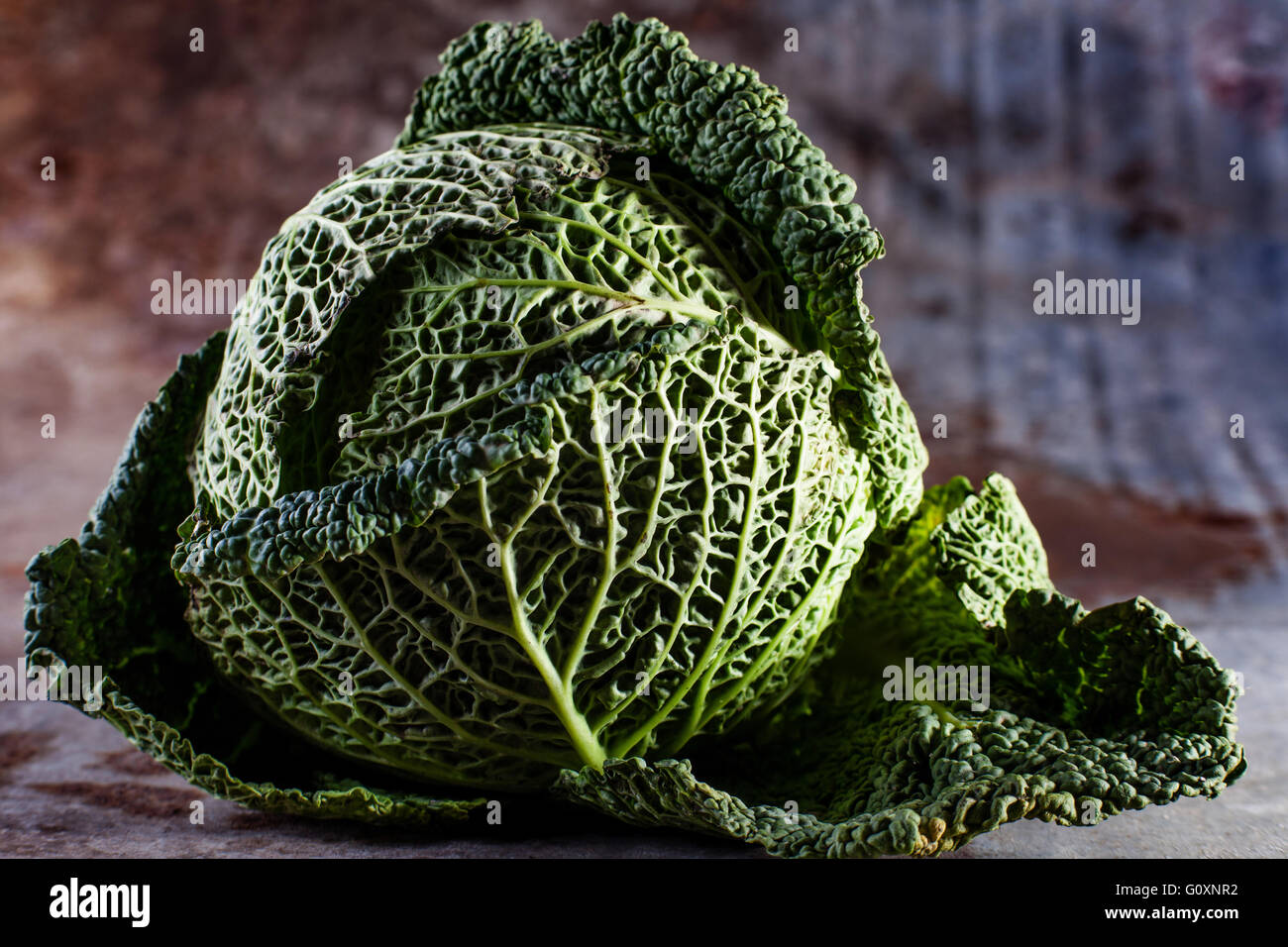 Green cabbage on rusty metal background Stock Photo
