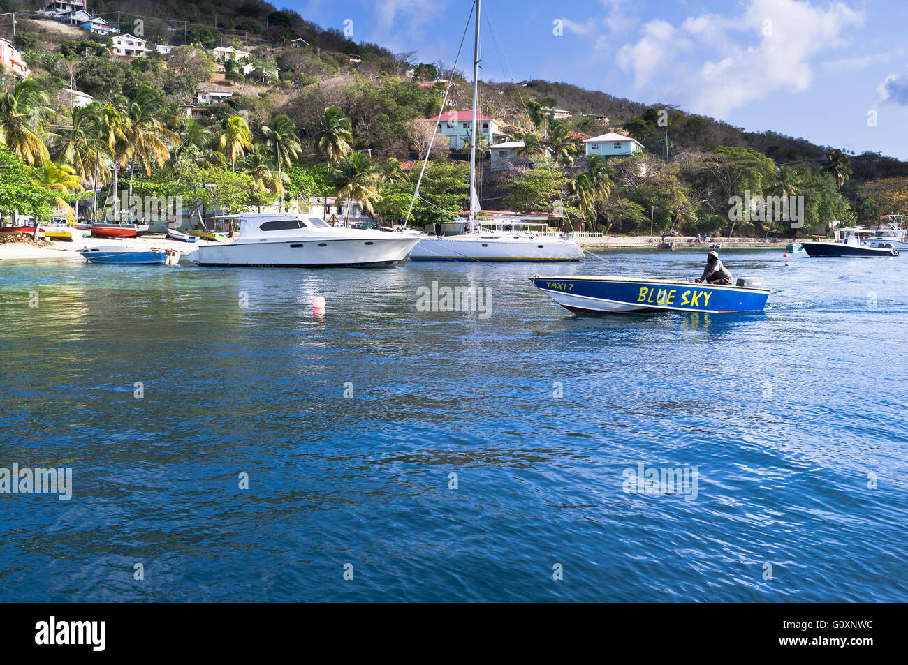 dh Bequia island Admiralty Bay ST VINCENT CARIBBEAN ISLANDS Local grenadine caribbean boat yachts boats bay coast west indies grenadines Stock Photo