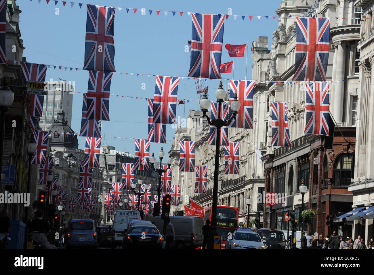 Union Jacks hanging over Regents street, London Stock Photo Alamy