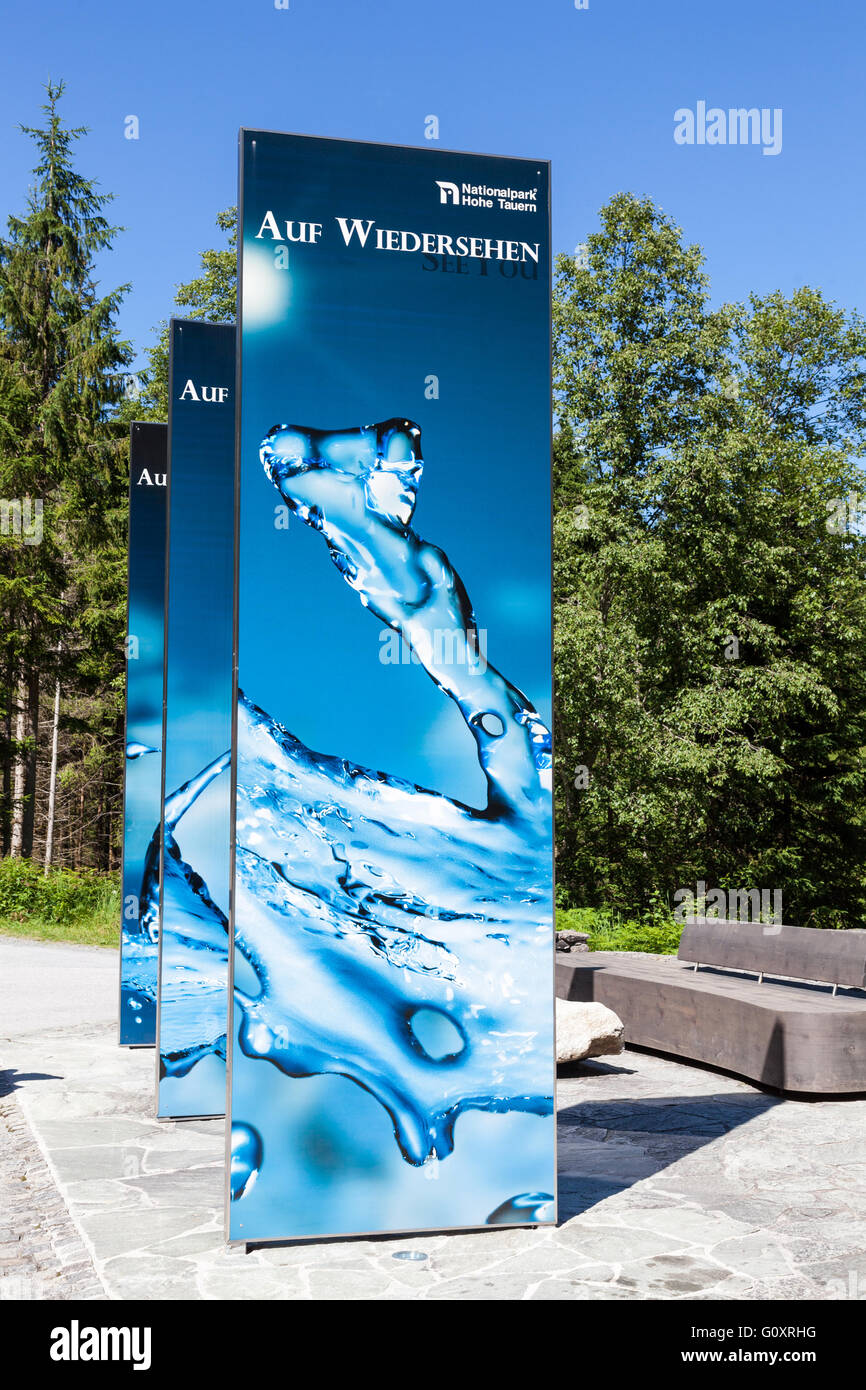A sign saying 'Auf Wiedersehen' at the exit to the Krimml Waterfalls Hohe Tauern National Park Austria Europe Stock Photo
