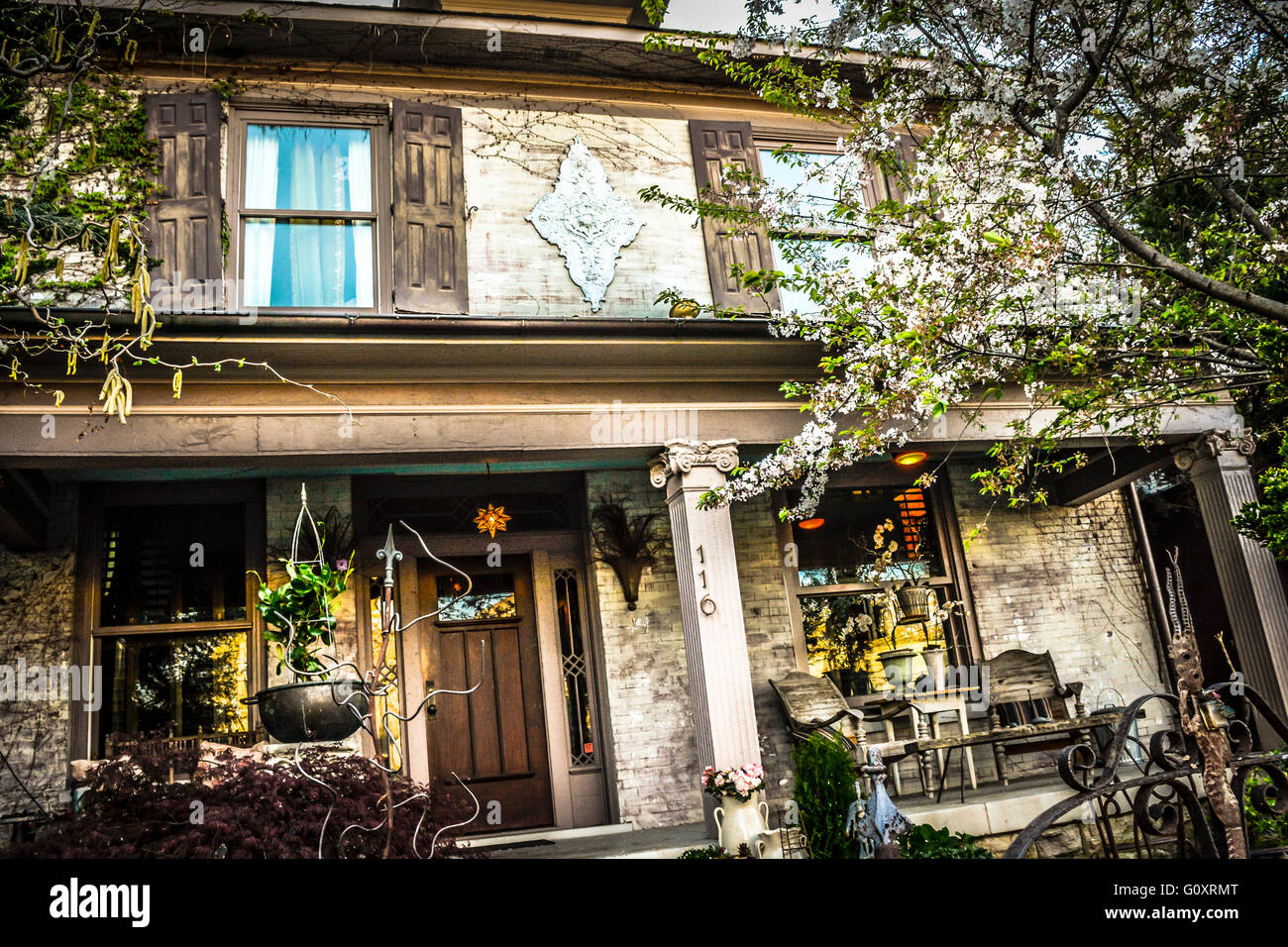 An elaborately decorated exterior of an old house in Five Points in the