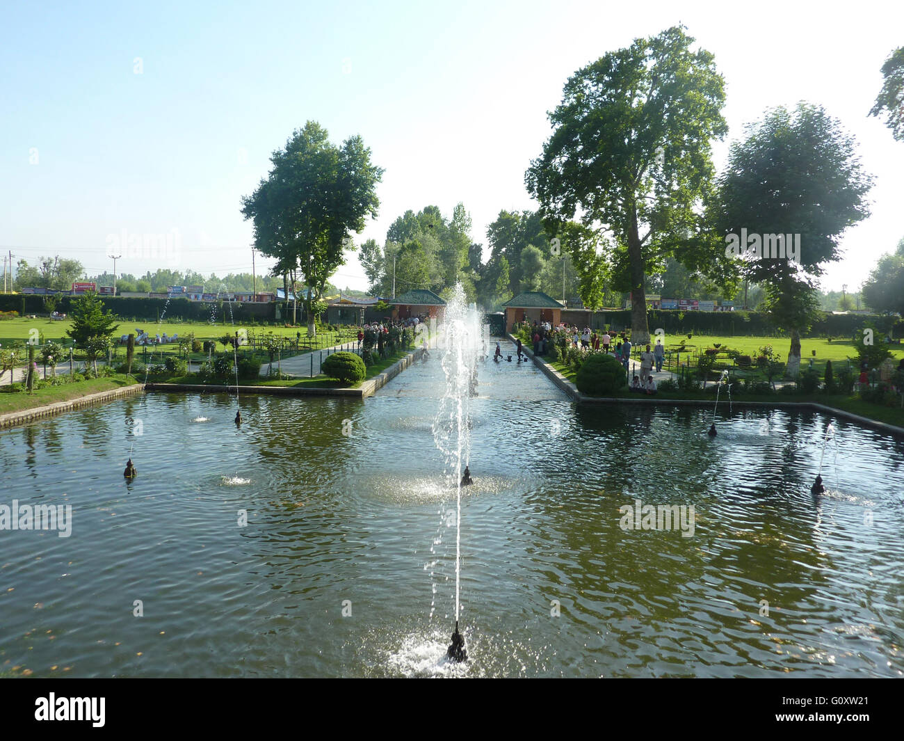 Shalimar Bagh, Moghul Garden on the banks of Dal Lake, Srinagar, Kashmir, a terraced garden with central channel with fountains Stock Photo