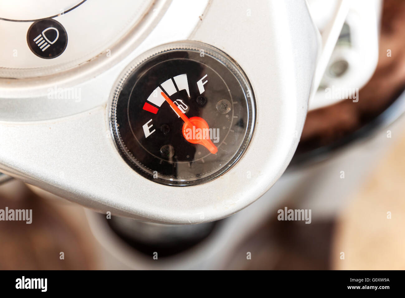 Motorcycle fuel gauge displays at middle point Stock Photo