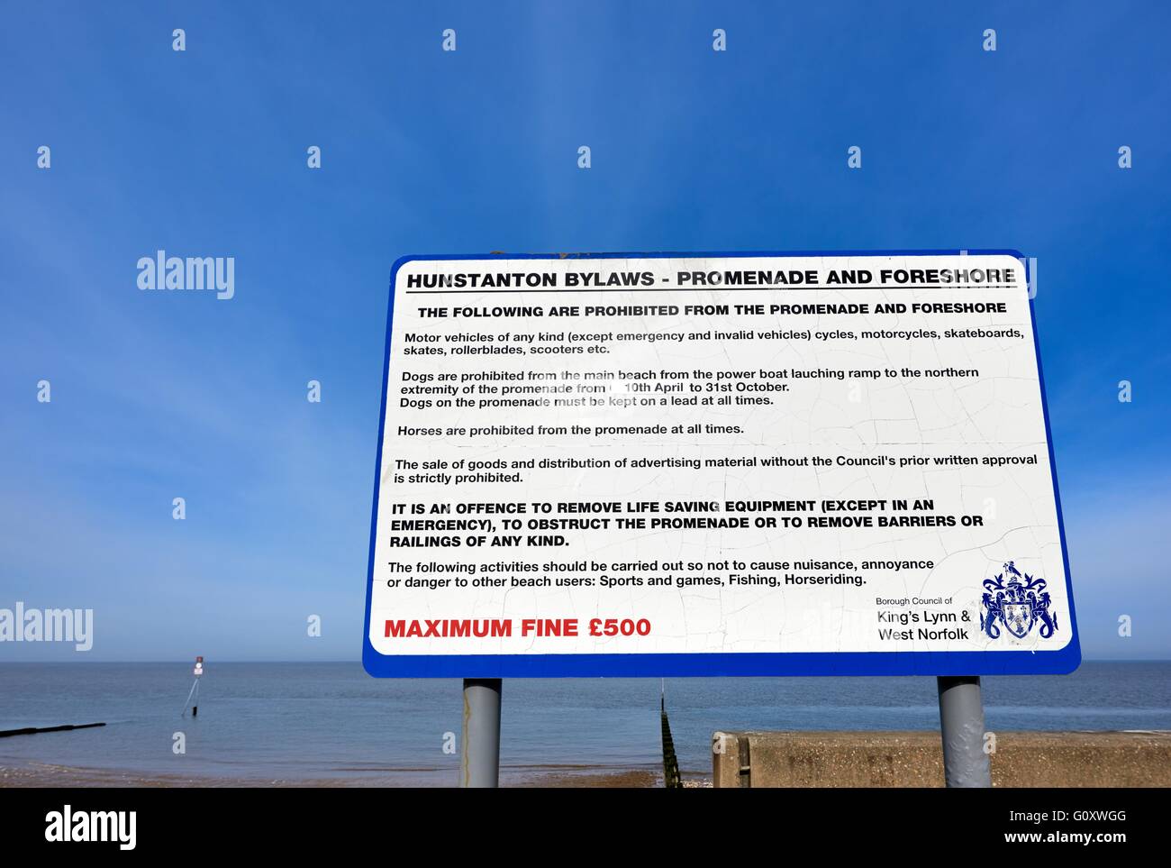 A bylaws sign on Hunstanton seafront Norfolk England UK Stock Photo
