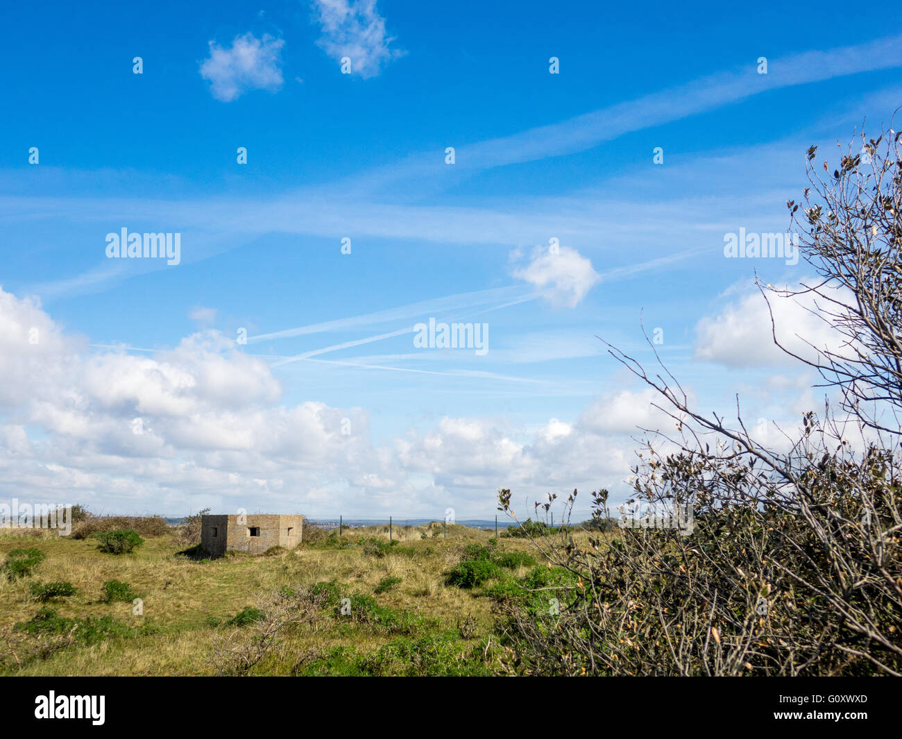 World War II concrete pillbox military gun defence from coastal invasion on the South Coast of England. Hayling Island. Stock Photo