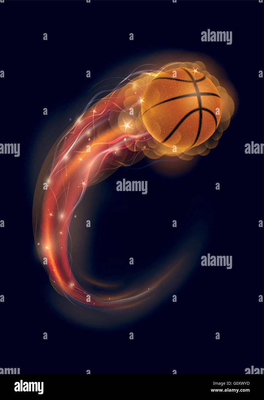 Basketball ball in flames and lights against black background. Vector illustration. Stock Vector