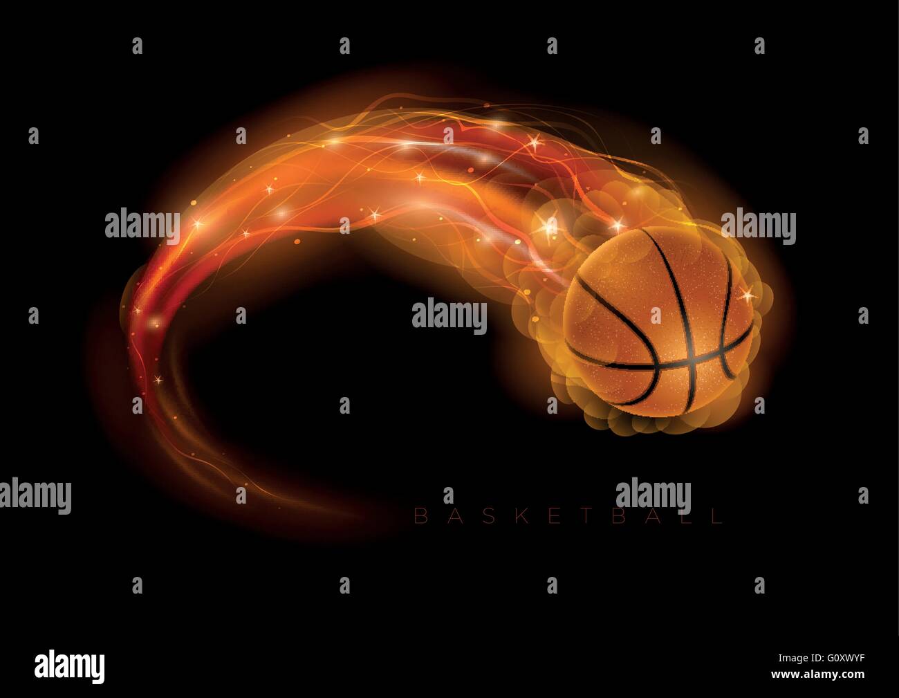 Basketball ball in flames and lights against black background. Vector illustration. Stock Vector