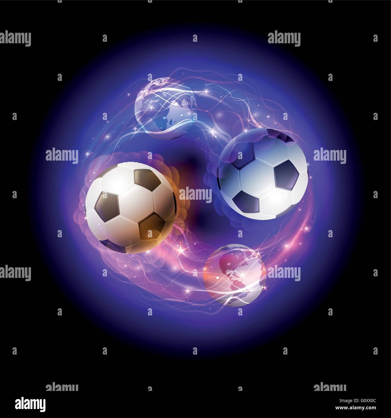 Soccer ball in flames and world spheres against black background. Vector world soccer concept illustration. Stock Vector