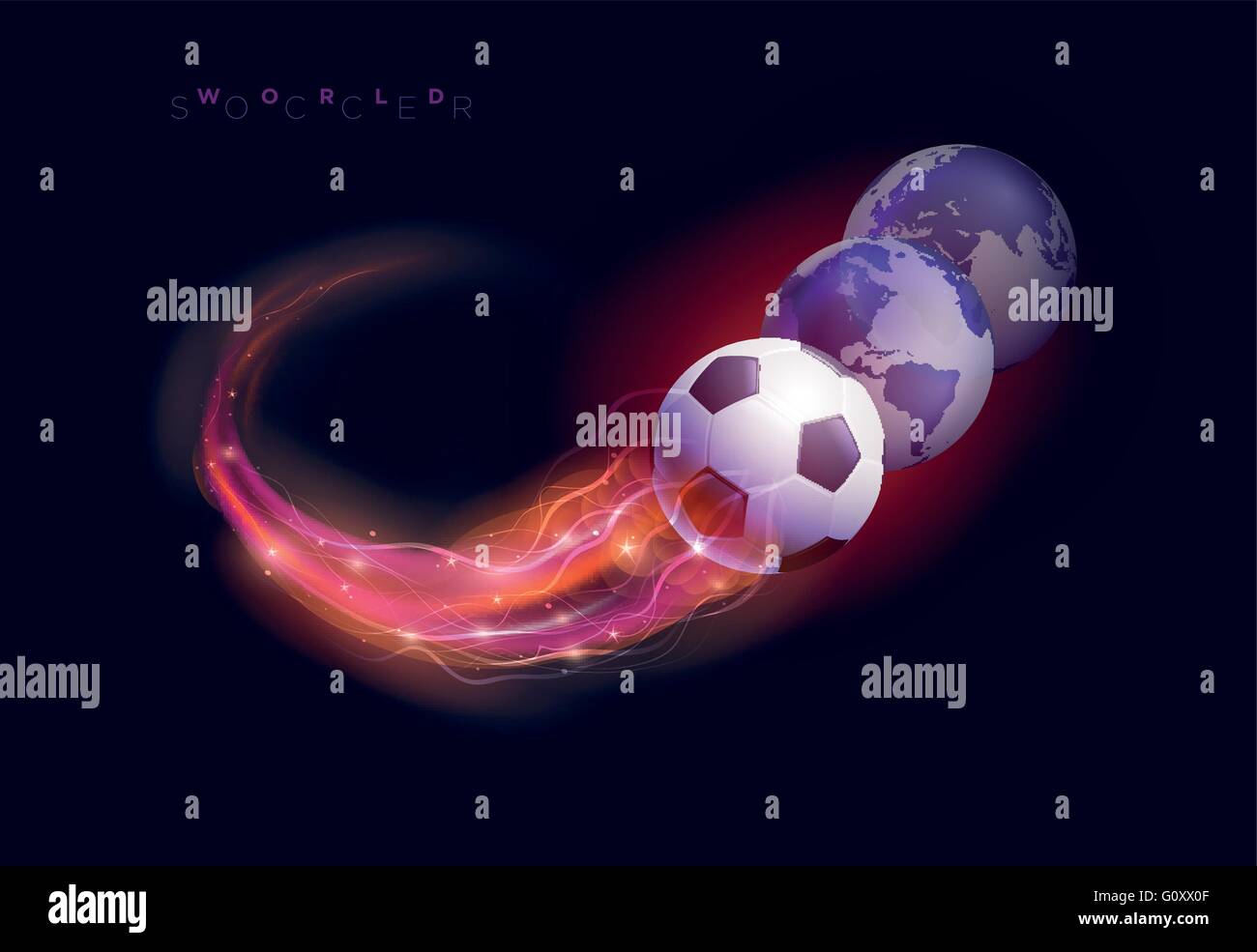 Soccer ball in flames and spheres against black background. Vector illustration. Stock Vector