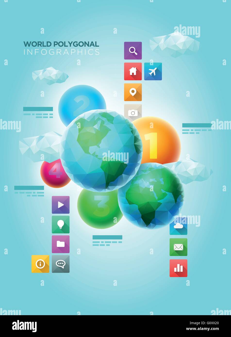 Vector polygon world spheres with colorful spheres and long shadow icons. Infographic design template. Elements are layered sepa Stock Vector