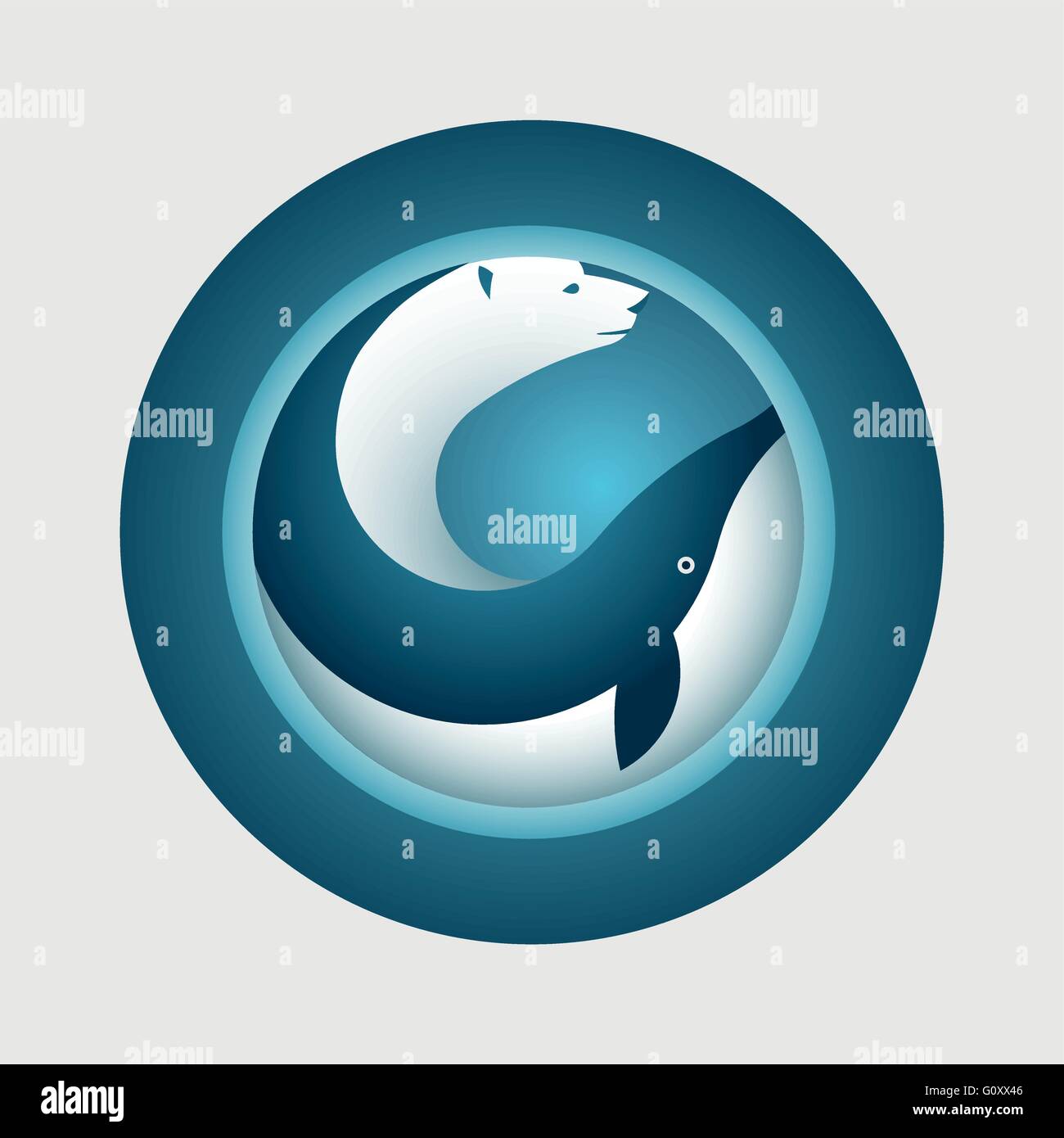 Vector arctic symbol design. Polar bear and whale in circle. Stock Vector