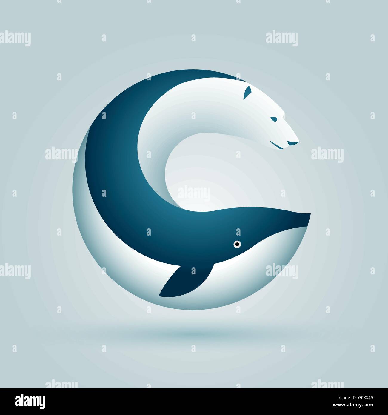 Vector arctic symbol design. Polar bear and whale in circle. Stock Vector
