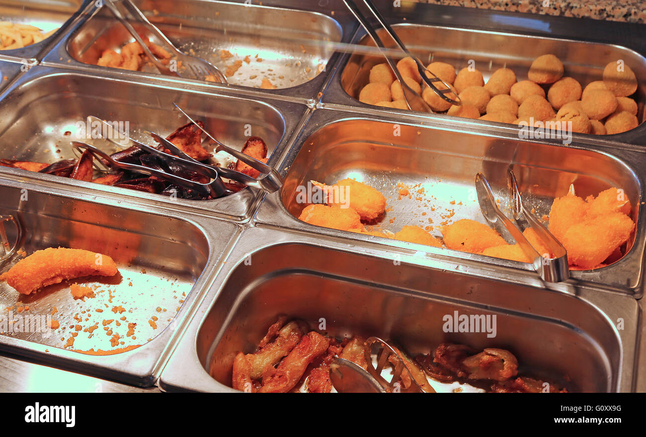 tray with deep fried foods in the oriental restaurant take-away Stock Photo