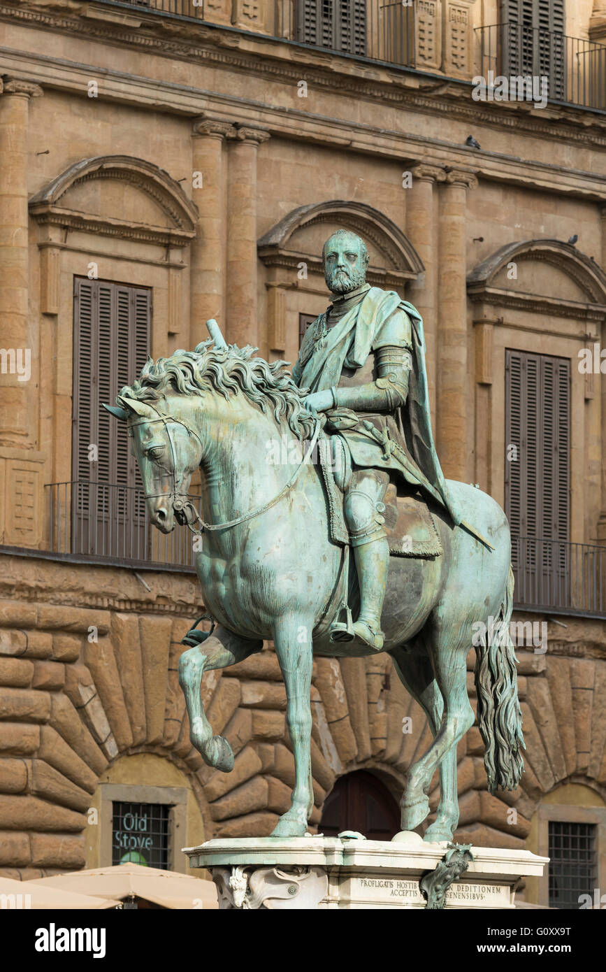 Florence. Italy. Bronze equestrian statue (1587-94) of Duke Cosimo I de'Medici (1519-1574), Grand Duke of Tuscany, by Giambologn Stock Photo