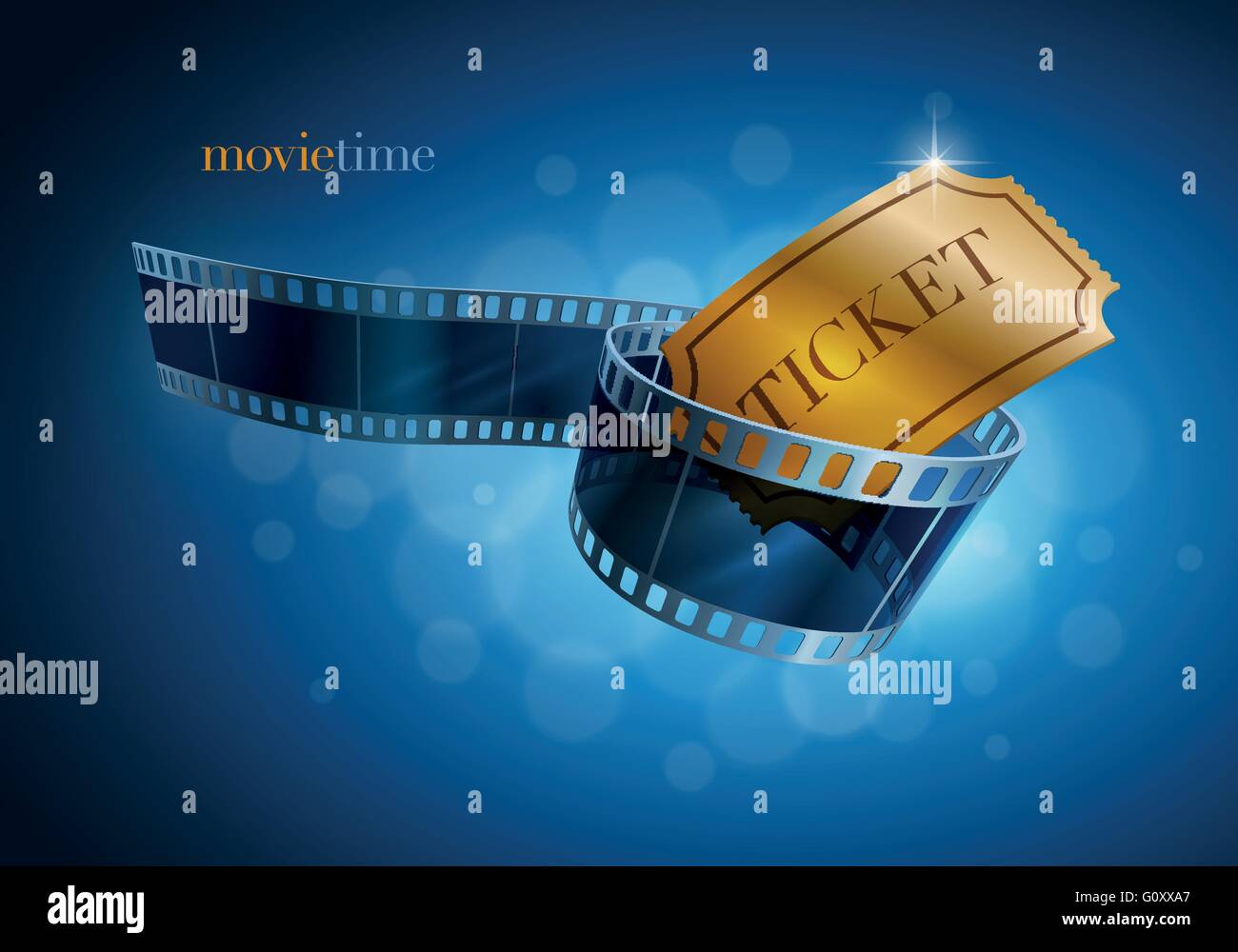 Camera film strip and gold ticket on blue defocus background. Vector illustration. Stock Vector