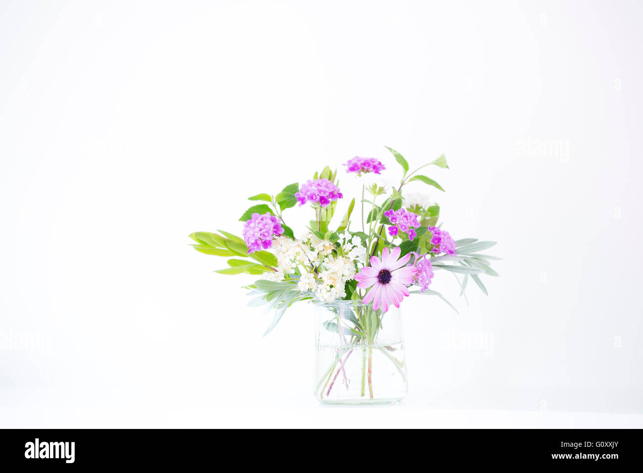 An arrangement of spring flowers from the garden, arranged in a glass vase against a white background. Stock Photo