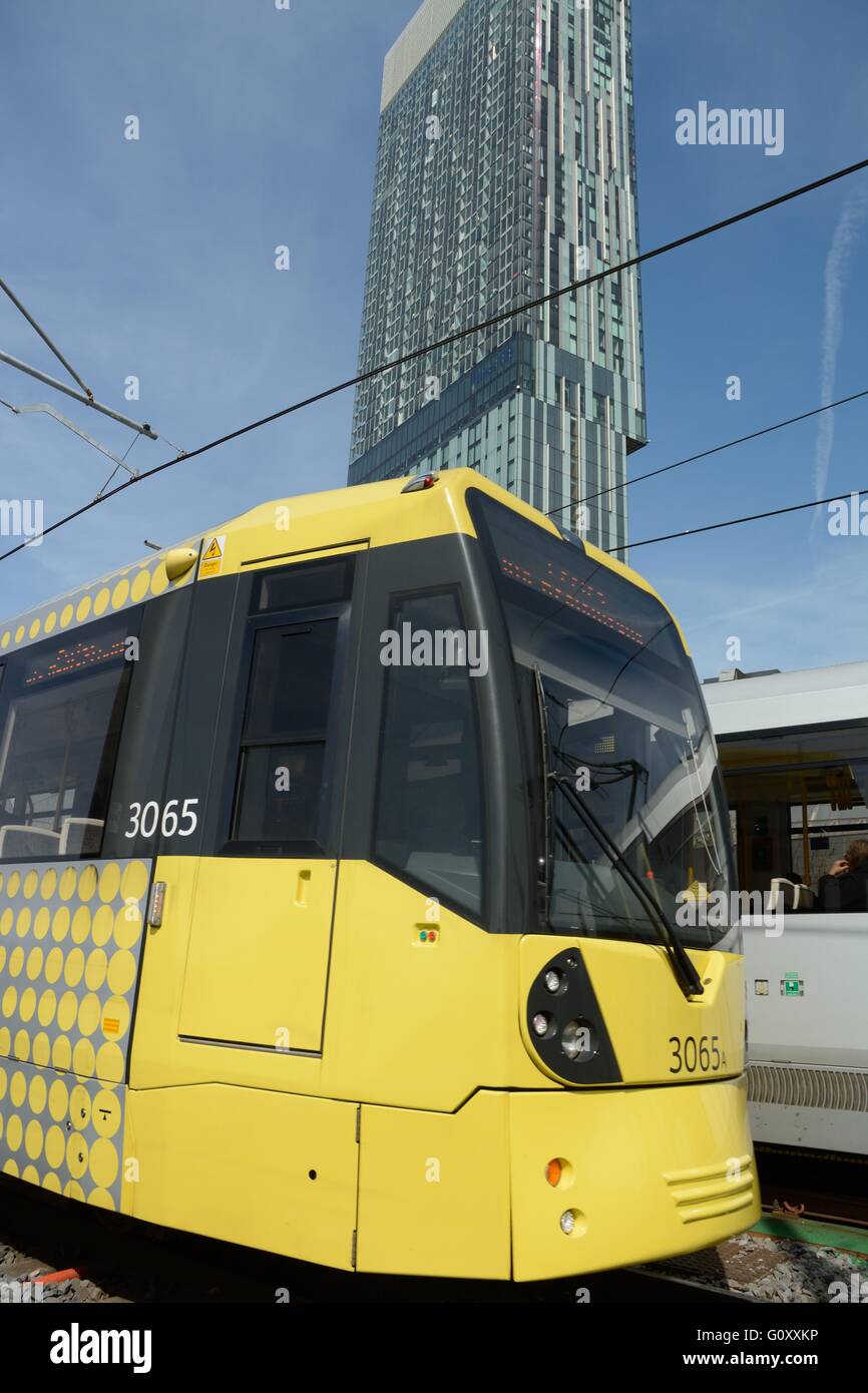 Metrolink tram in Manchester city centre, Beetham Tower in the background. Stock Photo
