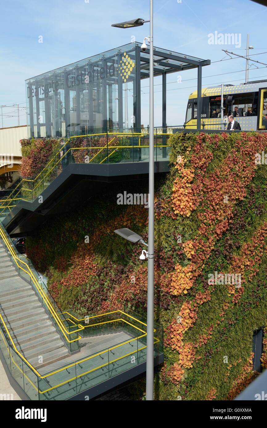 Deansgate Castlefield tram stop Manchester. The wall on the stairway