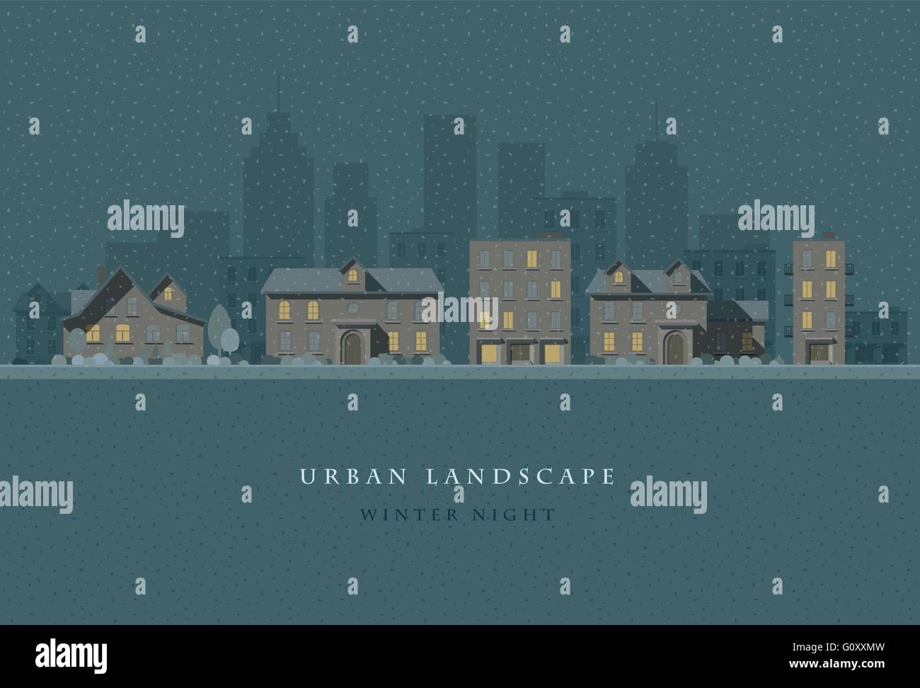 Vector flat illustration of winter night city landscape. Elements are ...