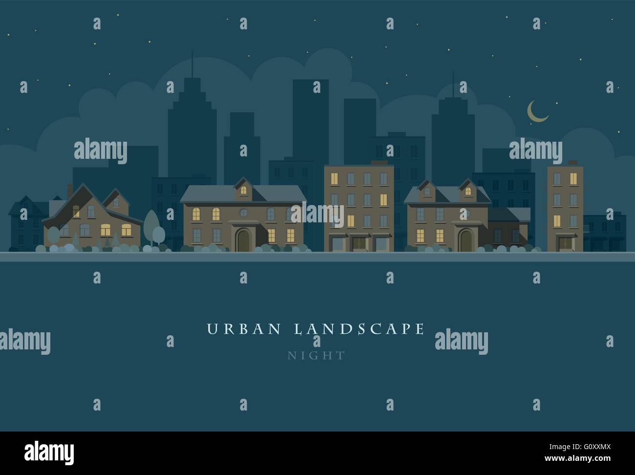 Vector flat illustration of night city landscape. Elements are layered ...