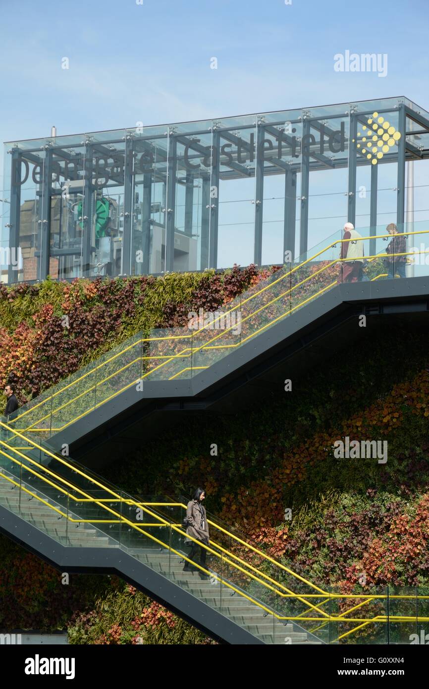 Deansgate Castlefield tram stop Manchester. The wall on the stairway access has been planted creating a living wall. Stock Photo