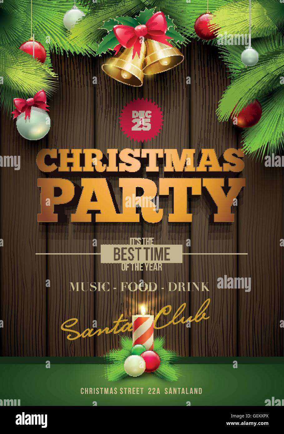 Vector Christmas Party poster design  and objects on dark  wooden background. Elements are layered separately in Stock Vector Image &  Art - Alamy