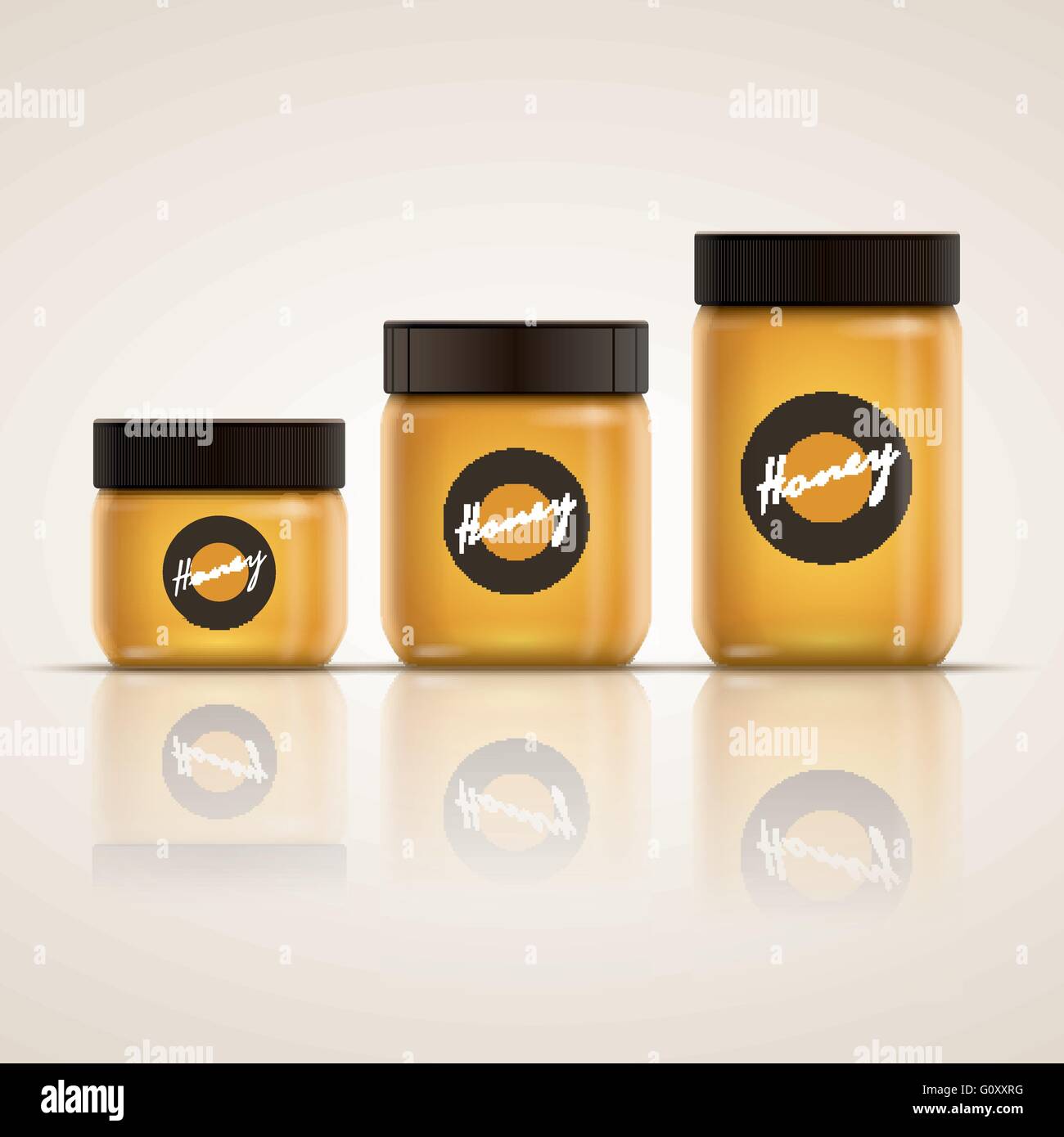 Vector realistic illustration of honey or jam jar collection. Yellow is global color. Easy editable. CMYK mode. Print ready. Stock Vector
