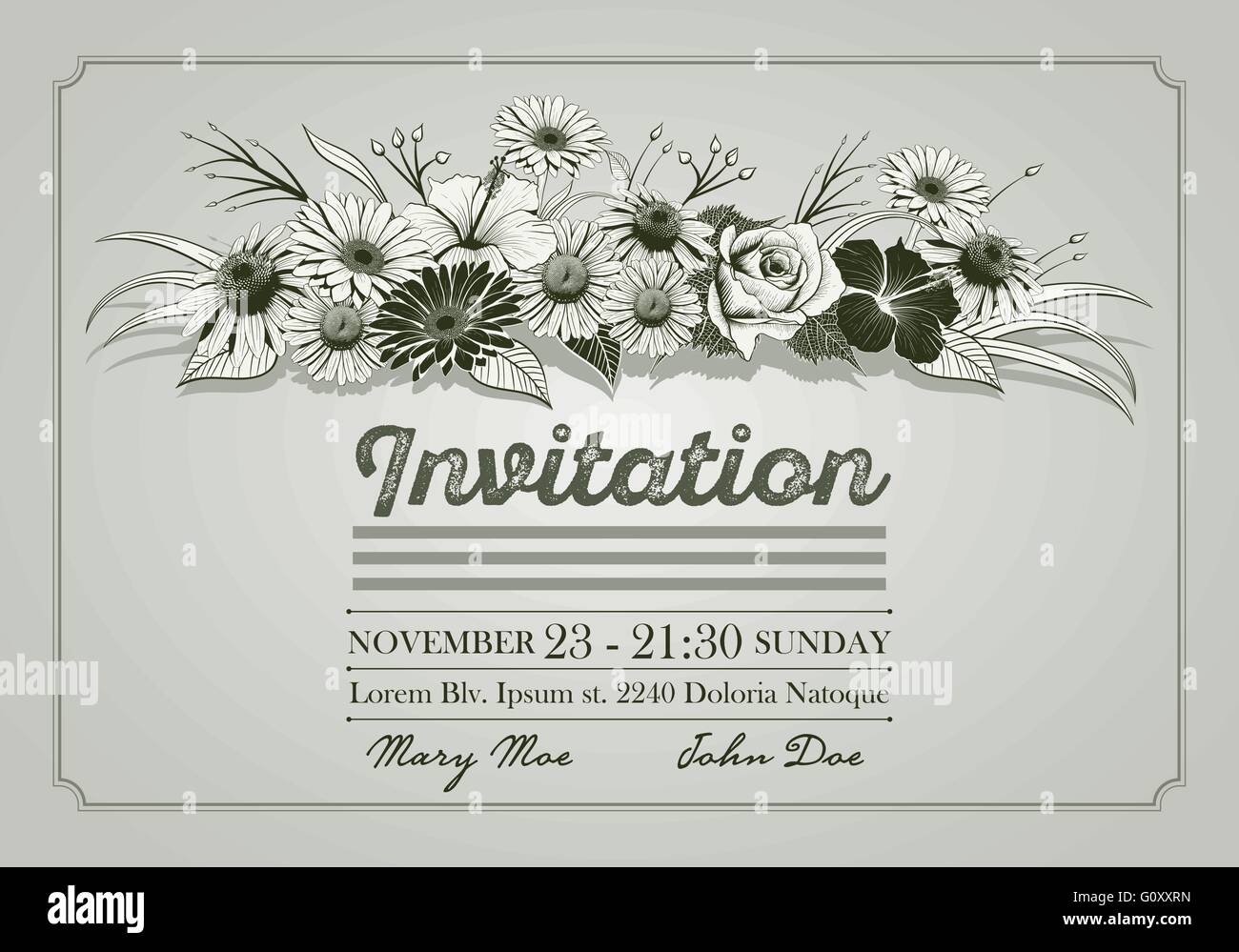 Invitation design template with colorful vintage hand drawn flowers. Elements are layered separately. Two global colors. Stock Vector