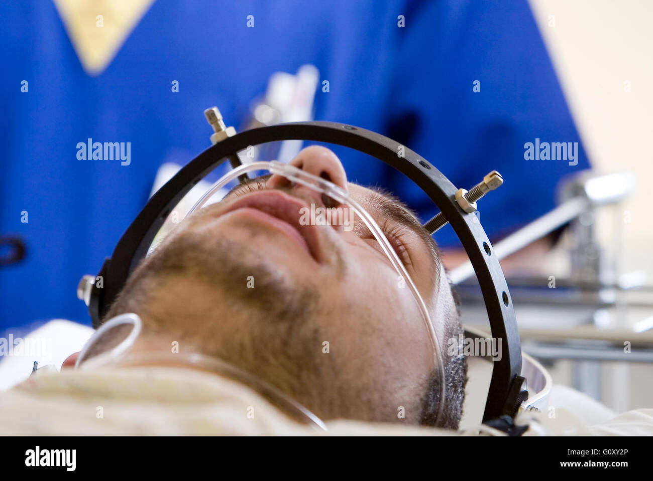 Patient Wearing A Metal Halo After Surgery Stock Photo Alamy