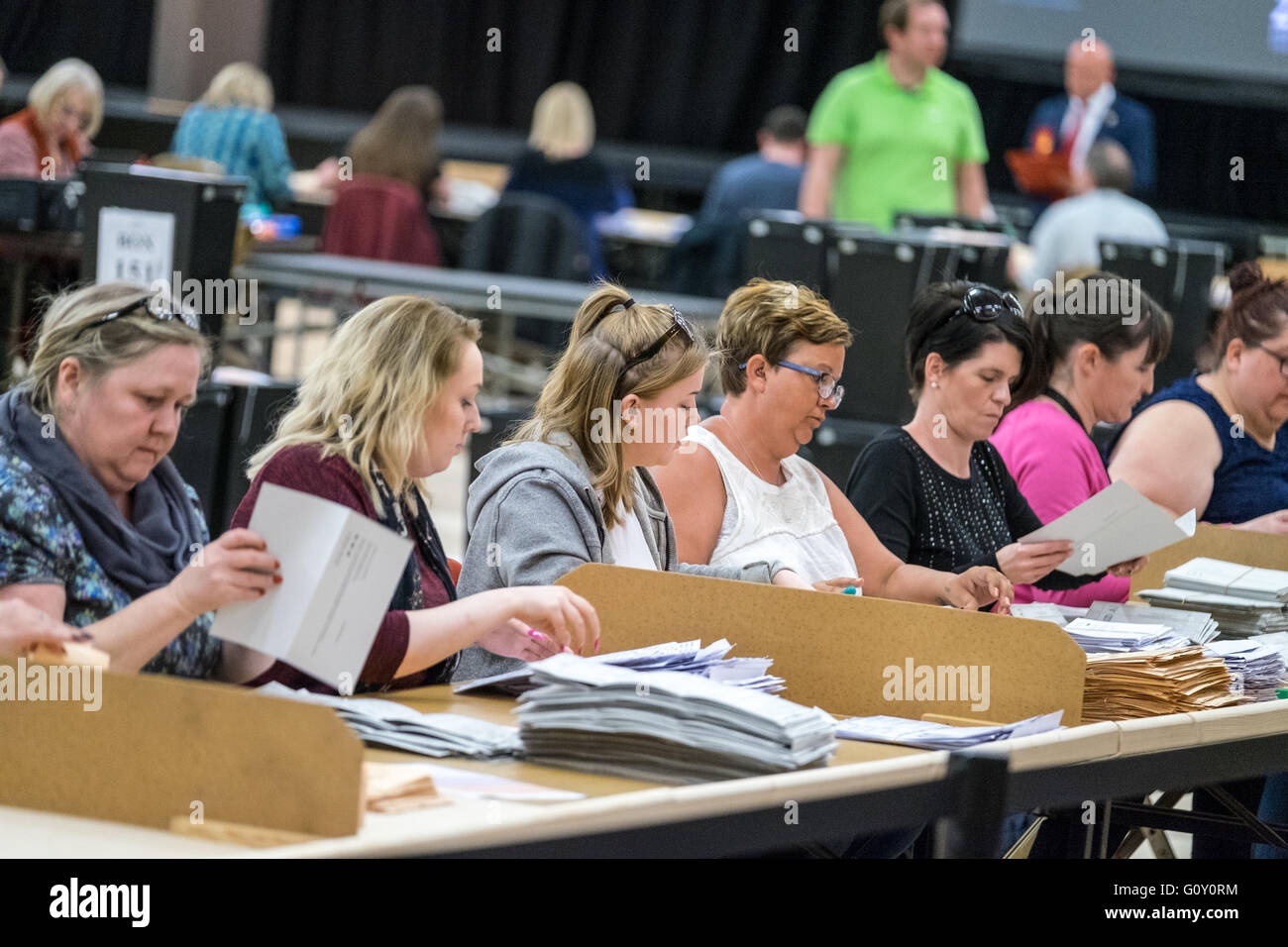 Llanelli, Wales, May6, 2016:People count votes during election night for Welsh Assembly Stock Photo
