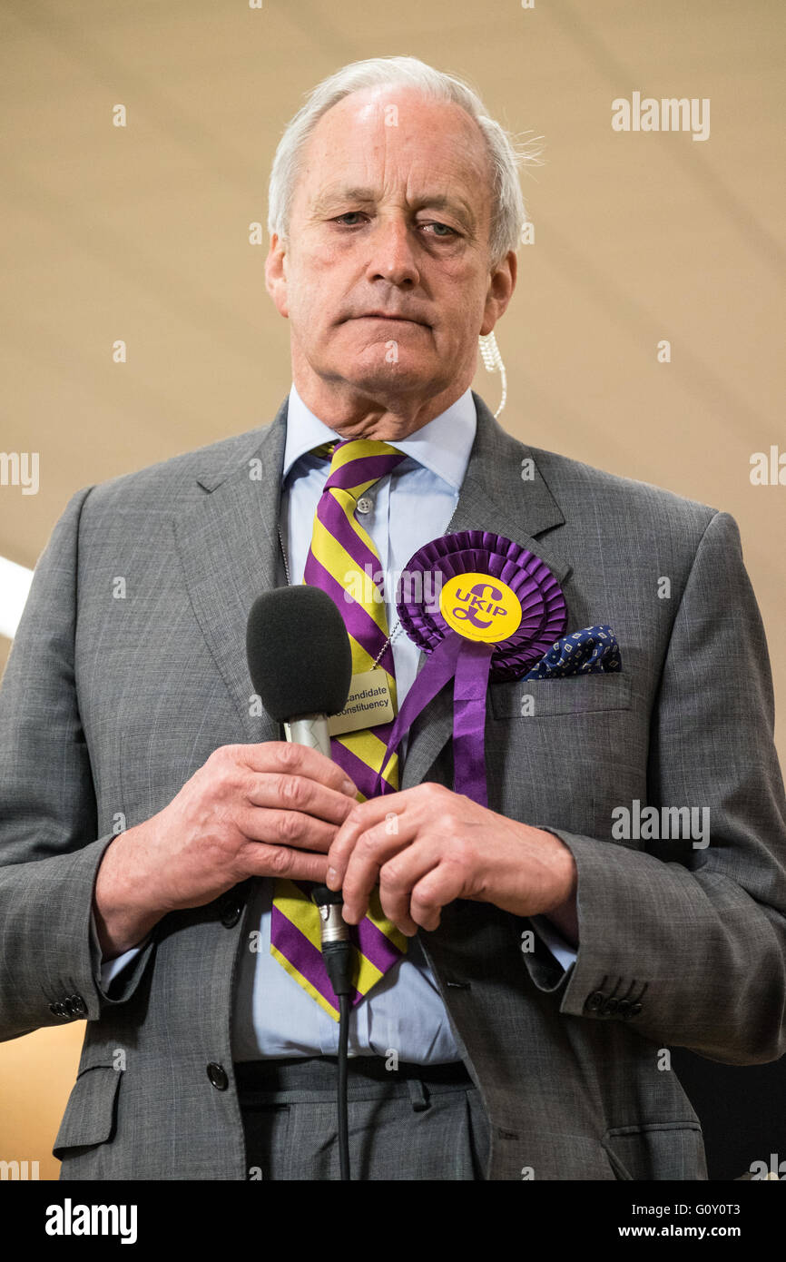 Llanelli, Wales, May6, 2016:   Neil Hamilton prepares to give an interview for a TV Station Stock Photo