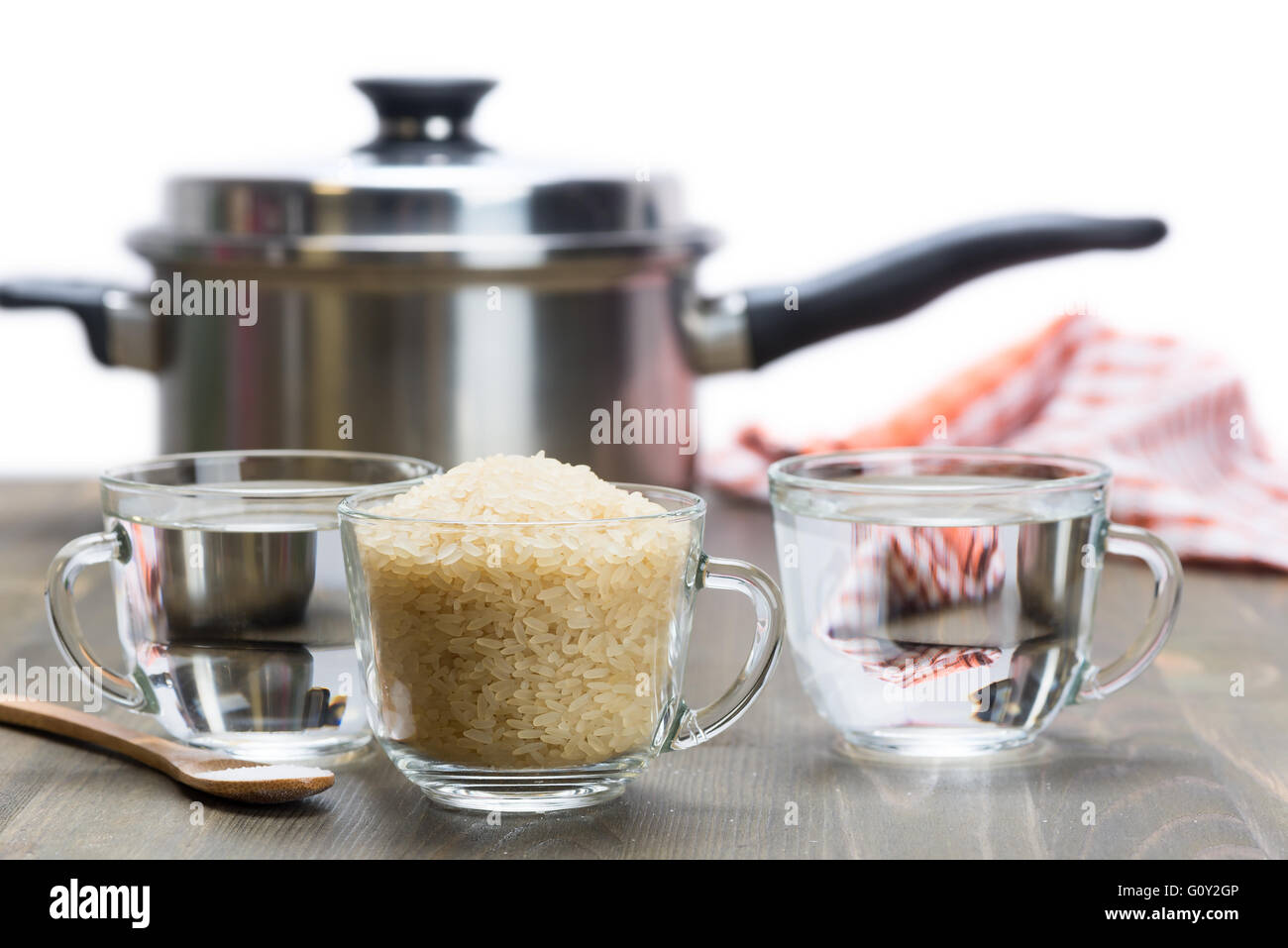 The recipe for steamed rice. One cup of rice and two cups of water