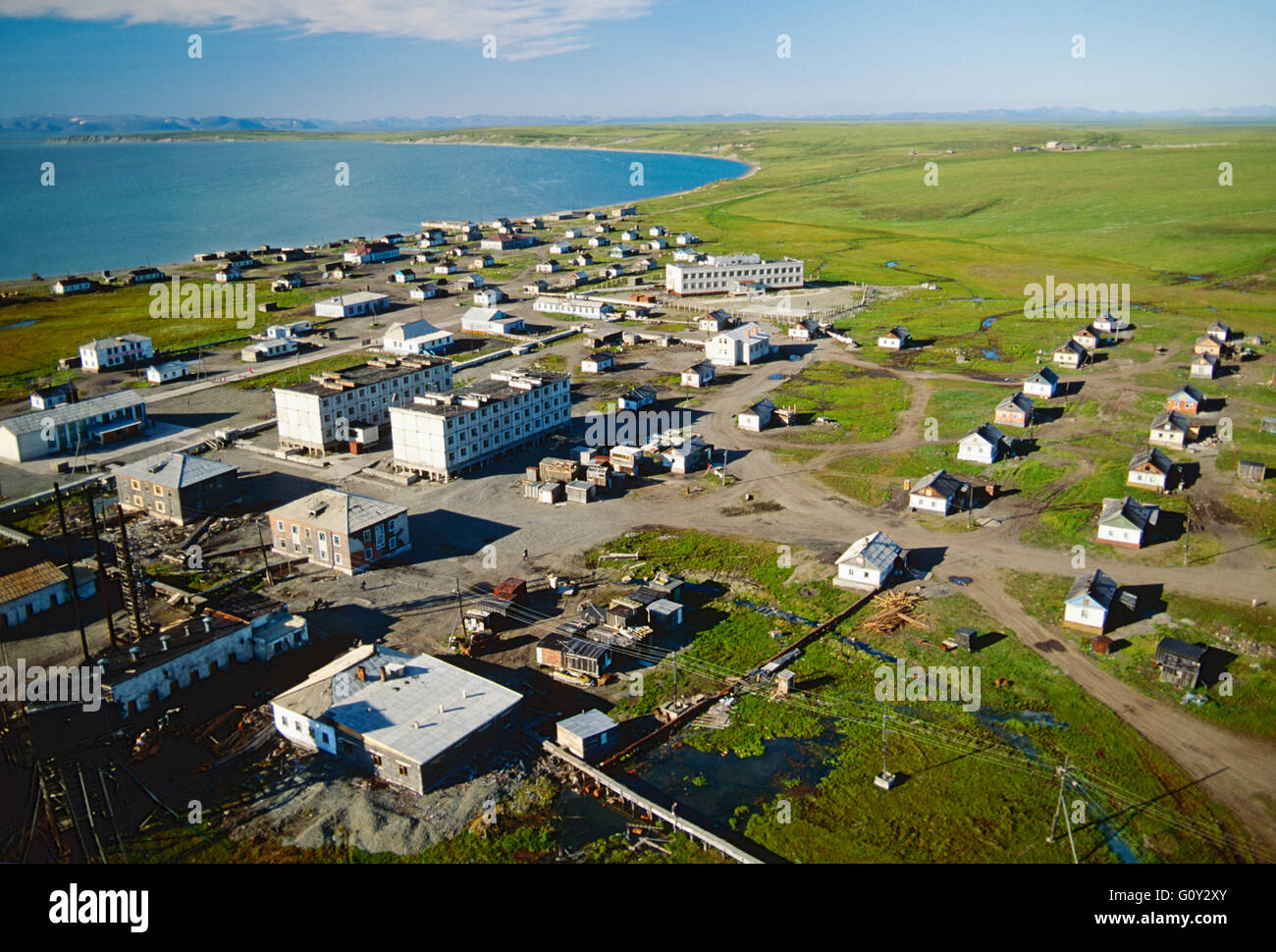 Aerial of remote fishing post between Provideniya & Egvekinot; Siberia; Chuchki Peninsula; Magadan Region; Russian Federation Stock Photo