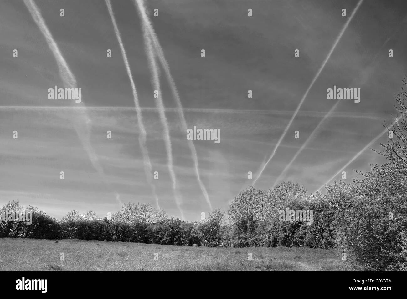 Multiple vapour streams left by high flying airliners over Bristol in South West England, UK GB, May 2016 Stock Photo