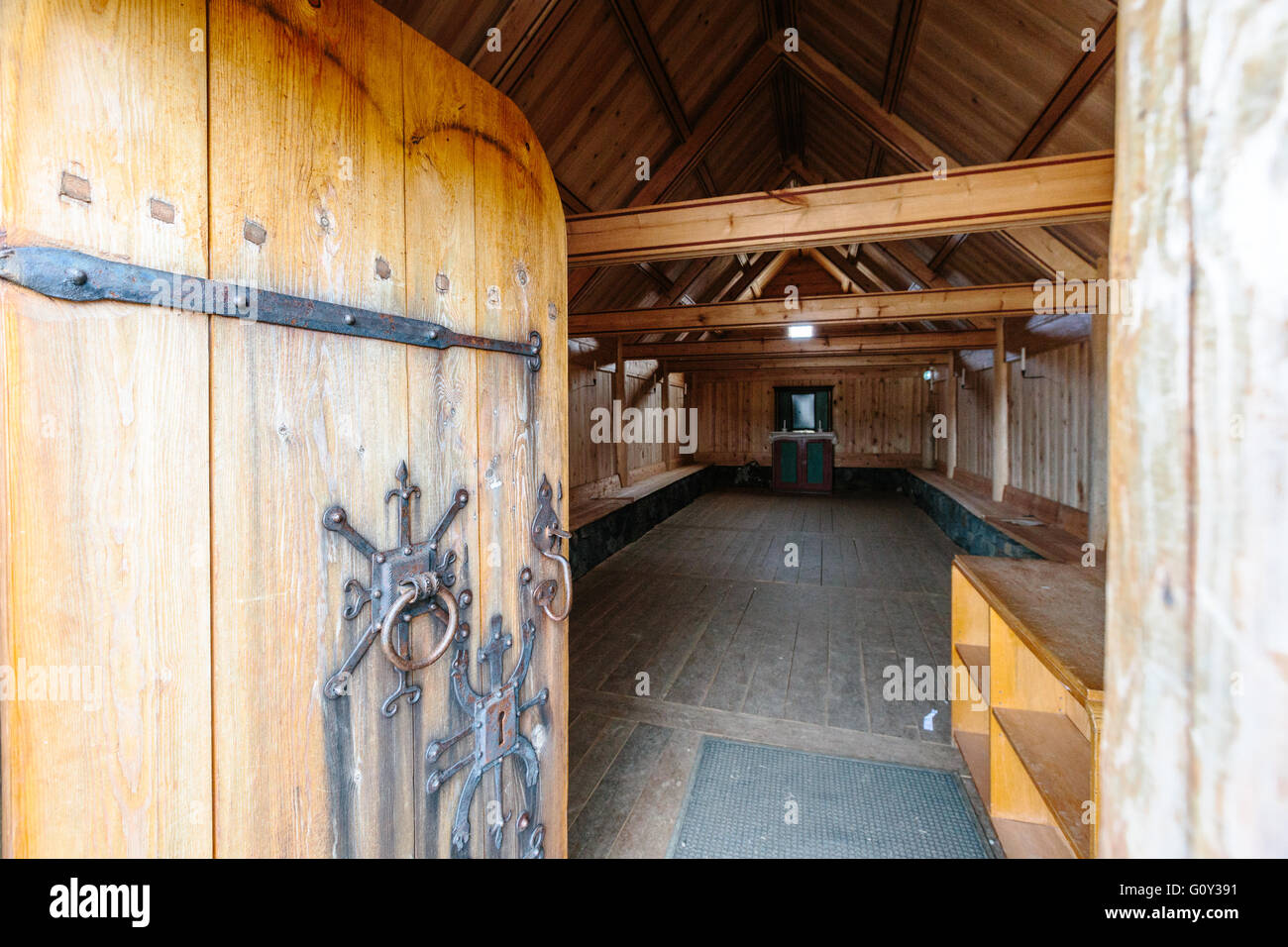 Inside the old wooden replica church at Skálholt, Iceland Stock Photo ...
