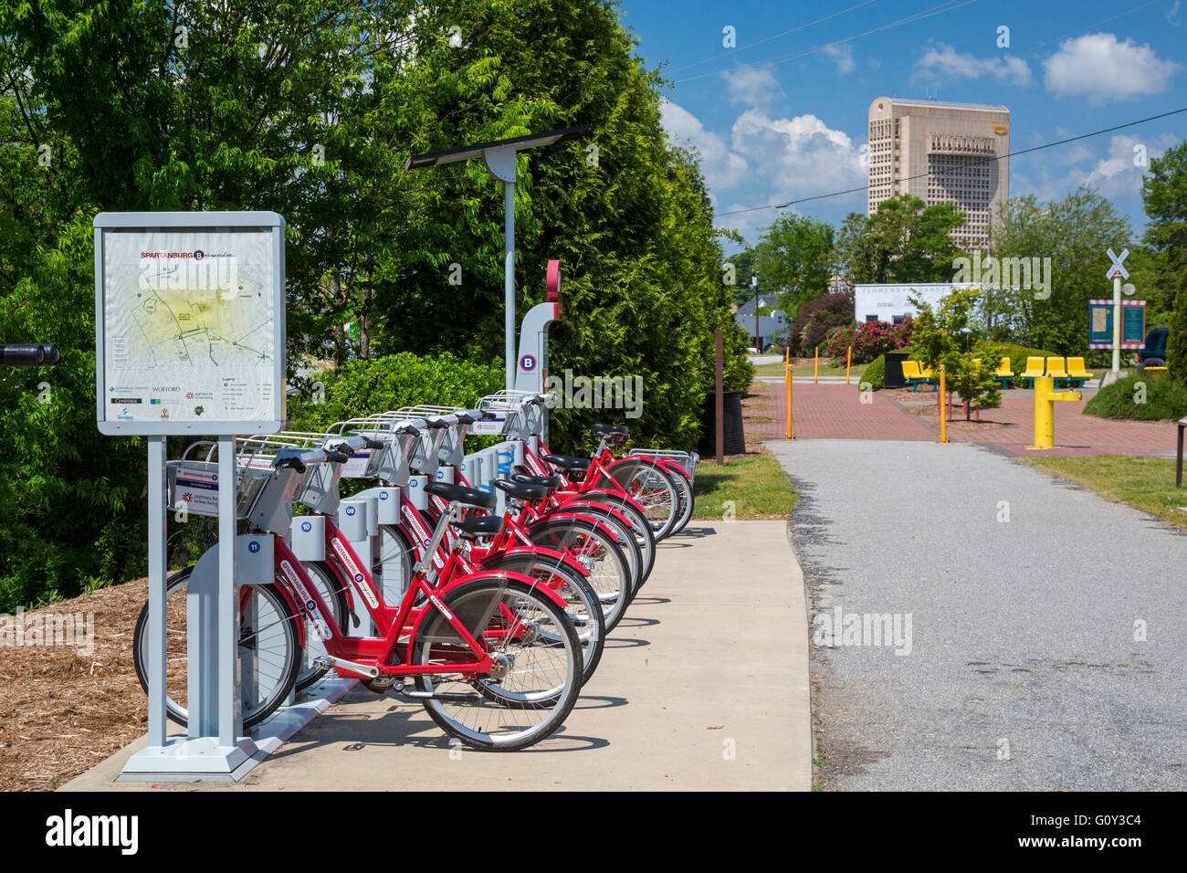 Spartanburg, South Carolina - Bicycles at the Spartanburg B-Cycle bike sharing program, at the start of a rail trail. Stock Photo